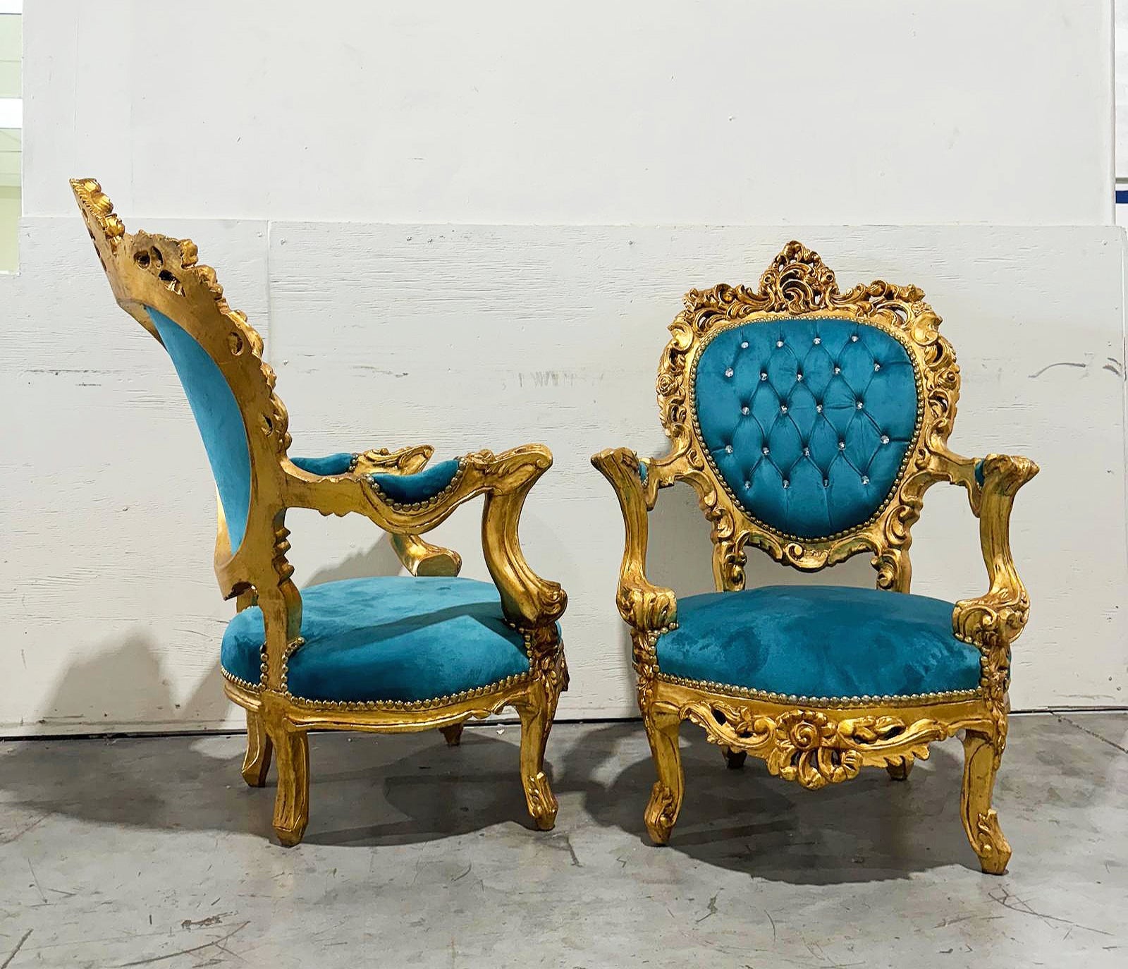 French Style Louis XVI Turquoise Velvet Armchair Chair with Gold Details