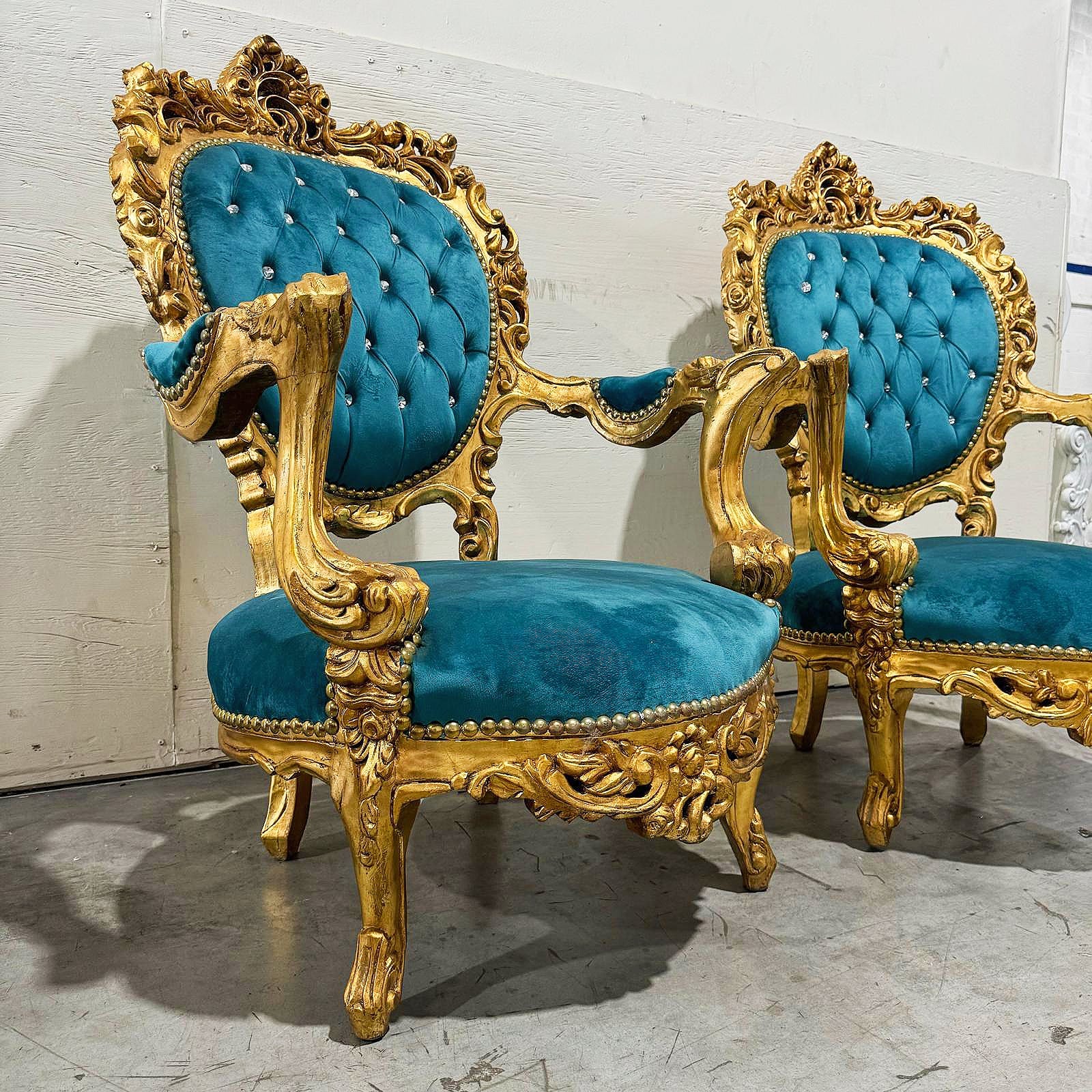 French Style Louis XVI Turquoise Velvet Armchair Chair with Gold Details