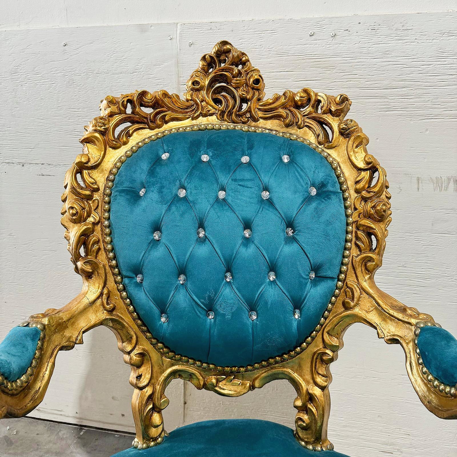 French Style Louis XVI Turquoise Velvet Armchair Chair with Gold Details