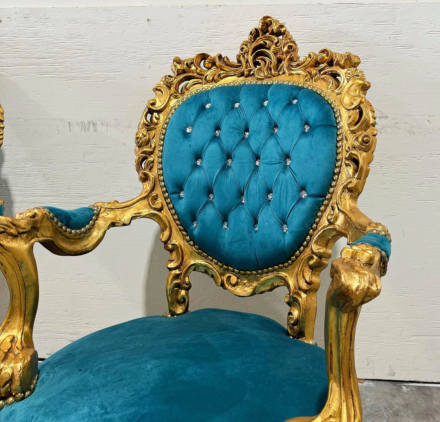 French Style Louis XVI Turquoise Velvet Armchair Chair with Gold Details