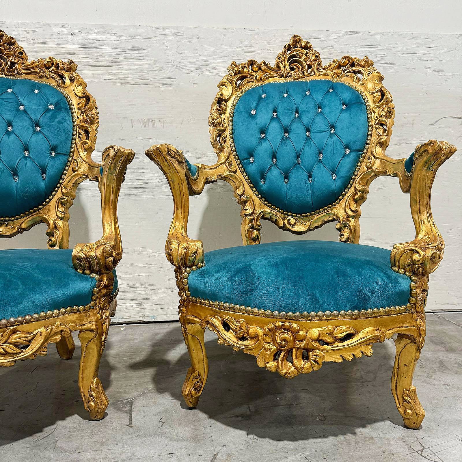 French Style Louis XVI Turquoise Velvet Armchair Chair with Gold Details