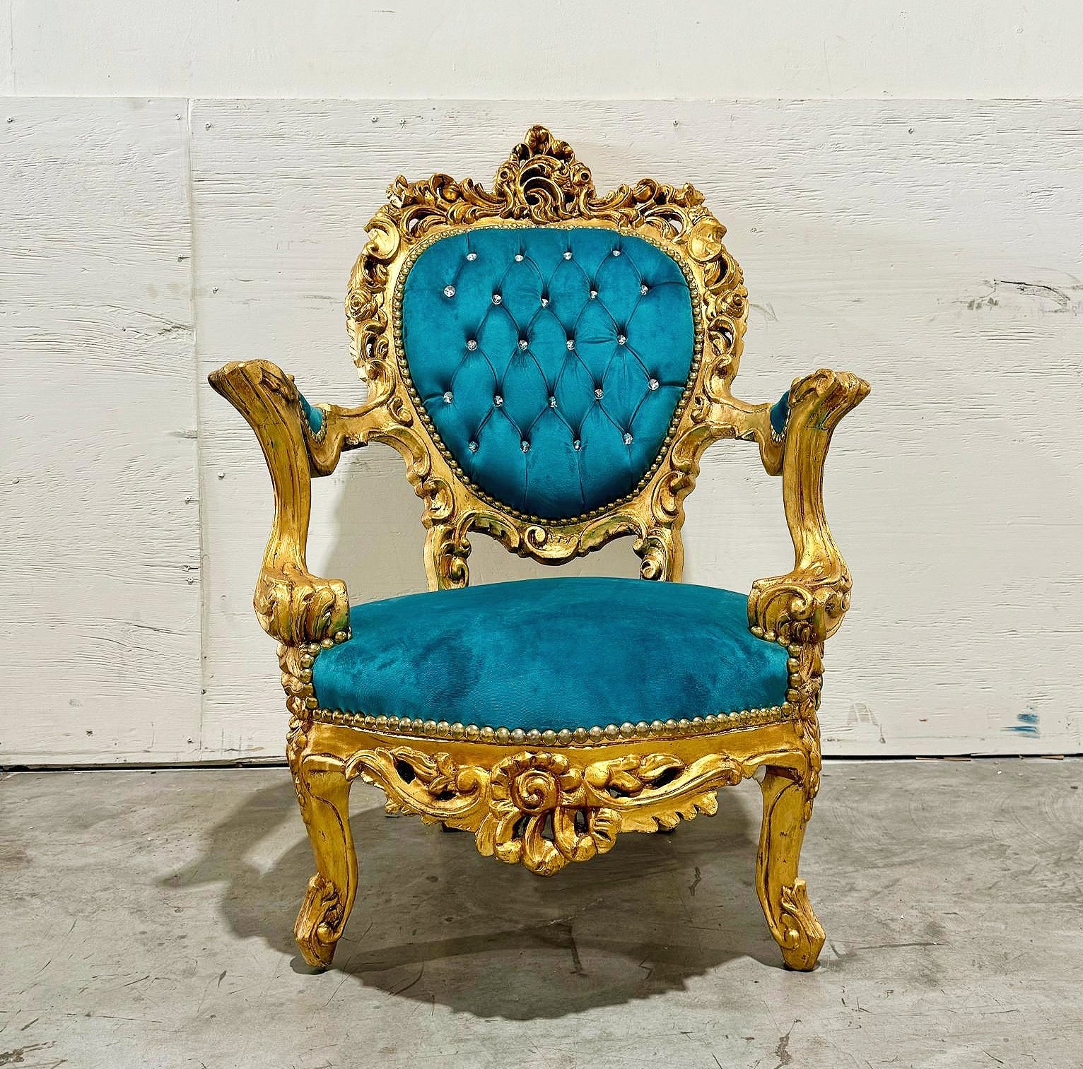French Style Louis XVI Turquoise Velvet Armchair Chair with Gold Details