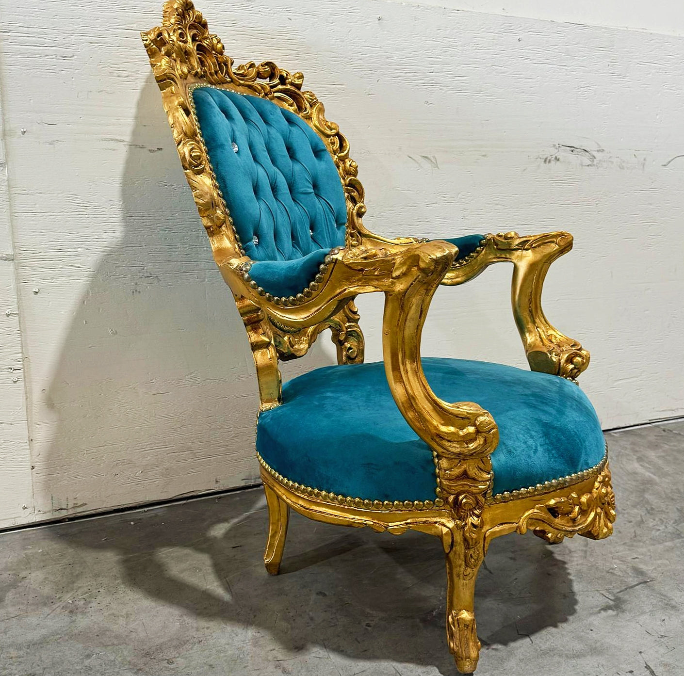 French Style Louis XVI Turquoise Velvet Armchair Chair with Gold Details