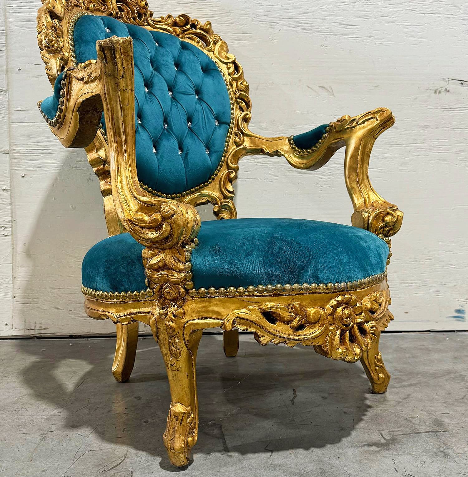 French Style Louis XVI Turquoise Velvet Armchair Chair with Gold Details
