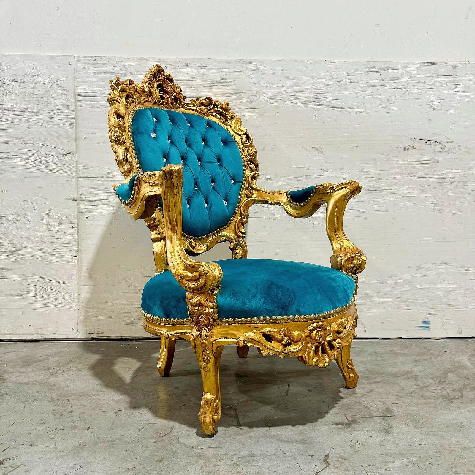 French Style Louis XVI Turquoise Velvet Armchair Chair with Gold Details