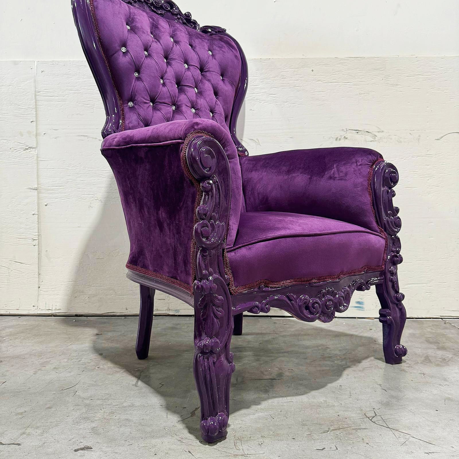 French Style Purple Velvet Throne Chair Midsize Tufted Chair