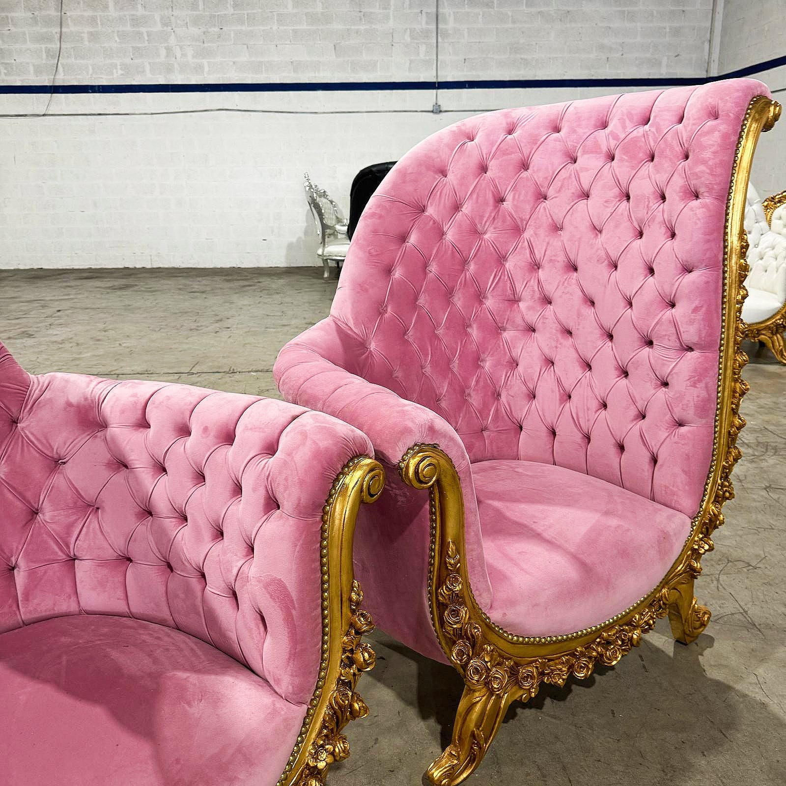 French Style Tufted Chair Pink Velvet Gold Details Rococo Baroque Furniture