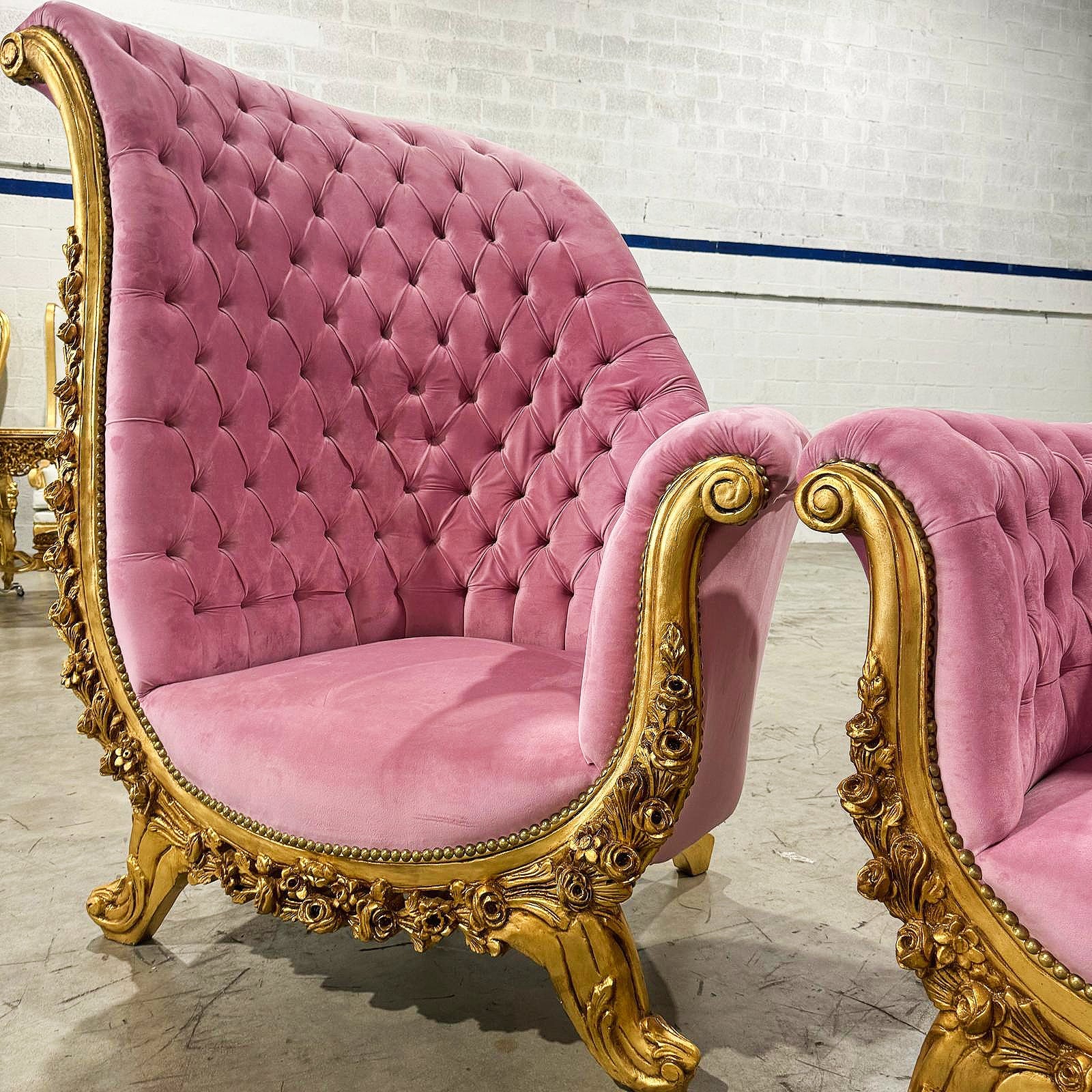 French Style Tufted Chair Pink Velvet Gold Details Rococo Baroque Furniture
