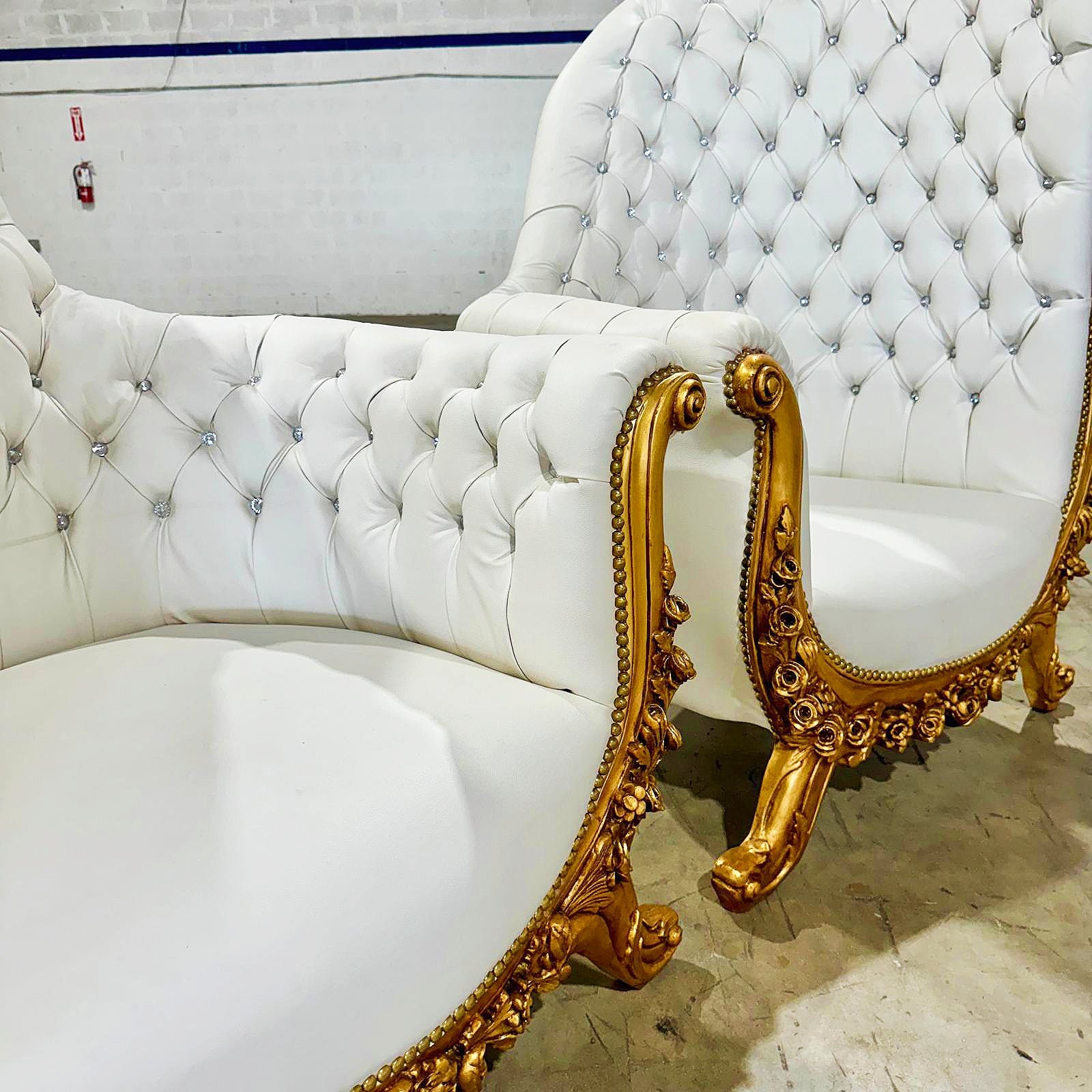 French Style Tufted Chair White Leather Gold Details Set Furniture Rococo