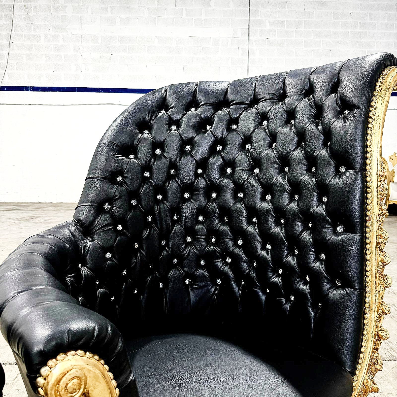 French Style Tufted Black Leather Chair with Gold Leaf Details – Rococo Baroque Accent Chair