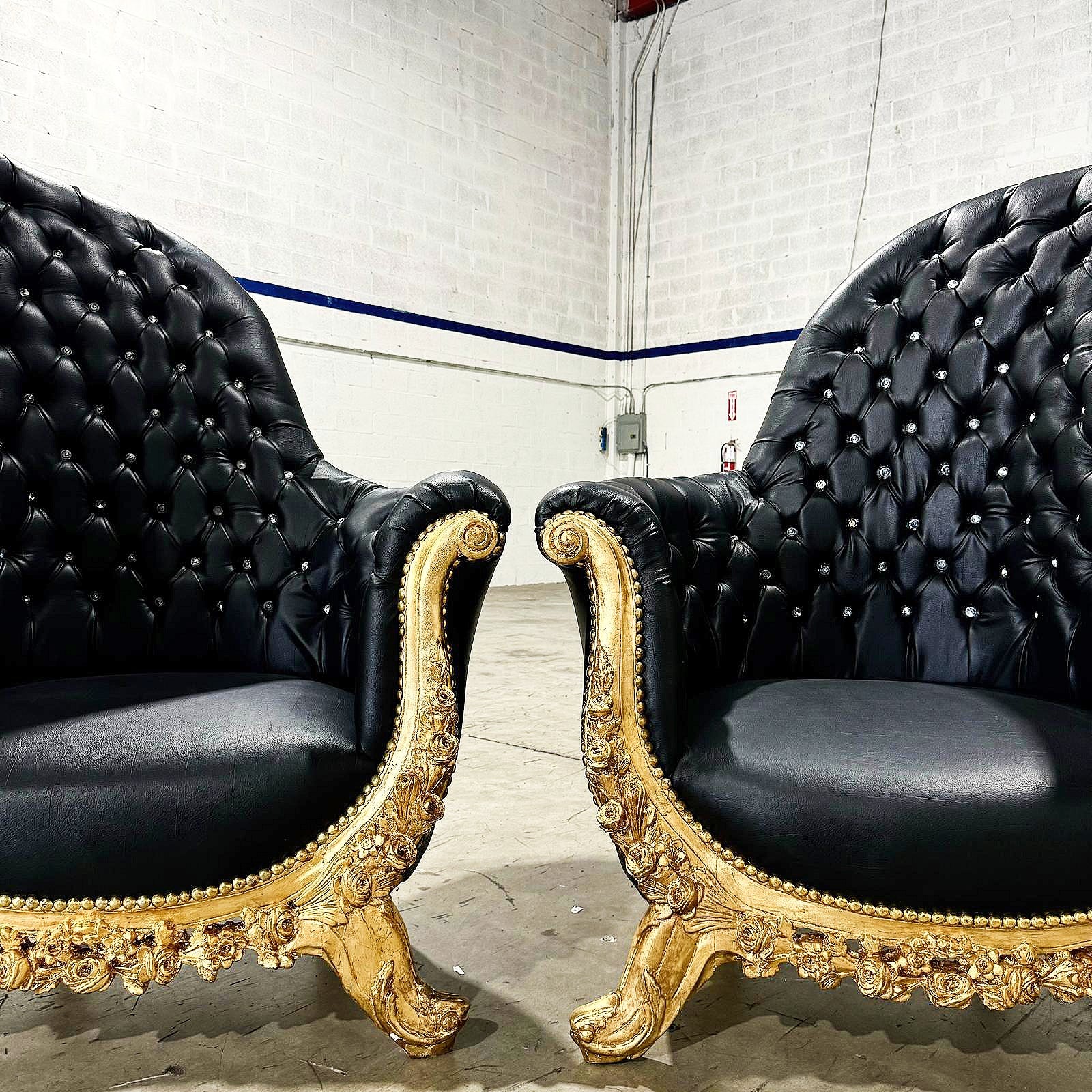 French Style Tufted Black Leather Chair with Gold Leaf Details – Rococo Baroque Accent Chair