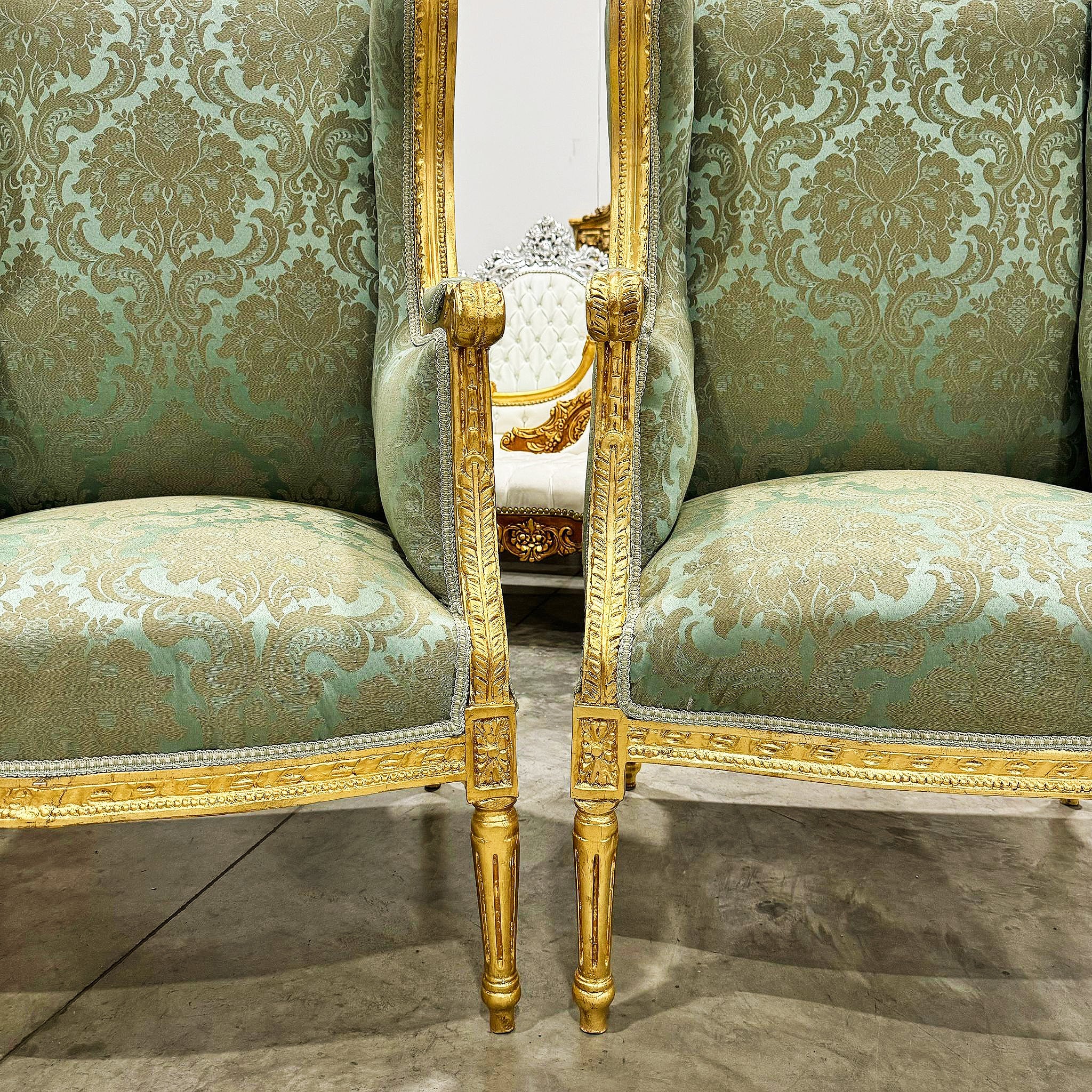 Green Bergere Wing Chair with Gold Details French Louis XV Style
