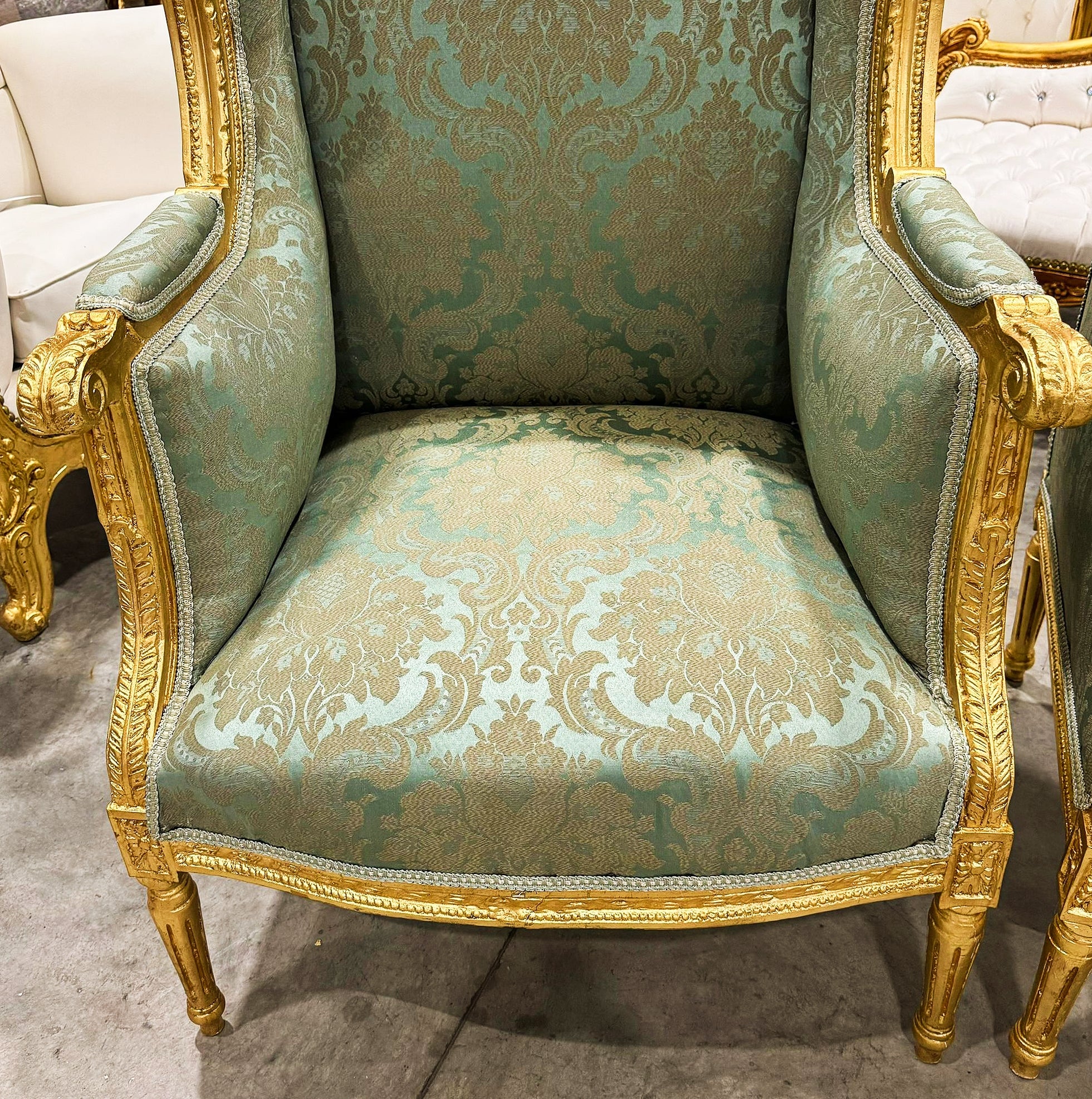 Green Bergere Wing Chair with Gold Details French Louis XV Style