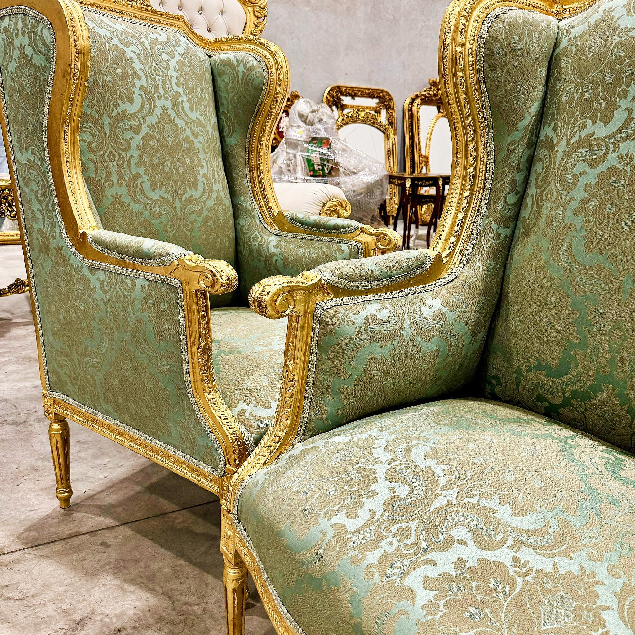 Green Bergere Wing Chair with Gold Details French Louis XV Style