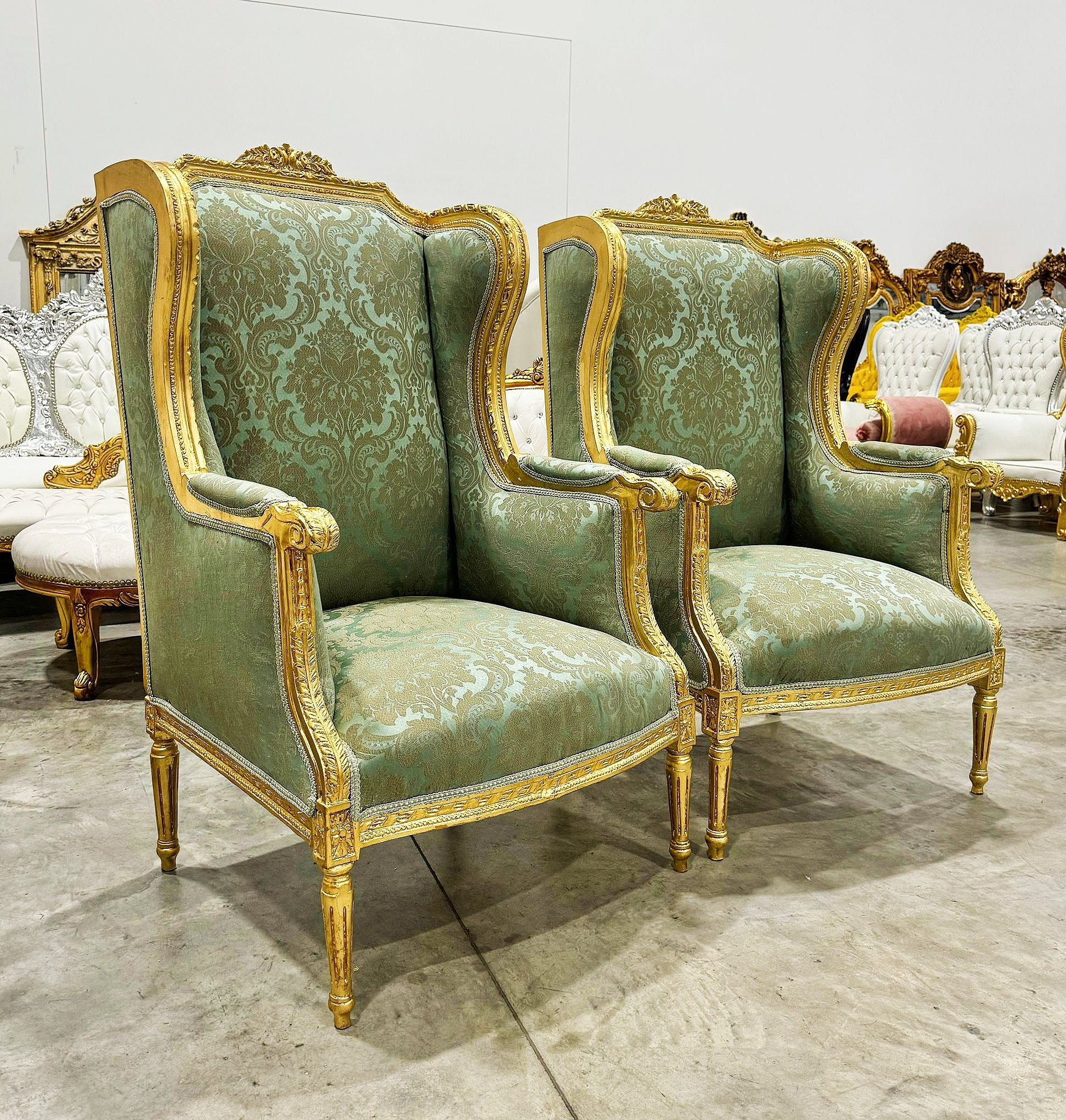 Green Bergere Wing Chair with Gold Details French Louis XV Style