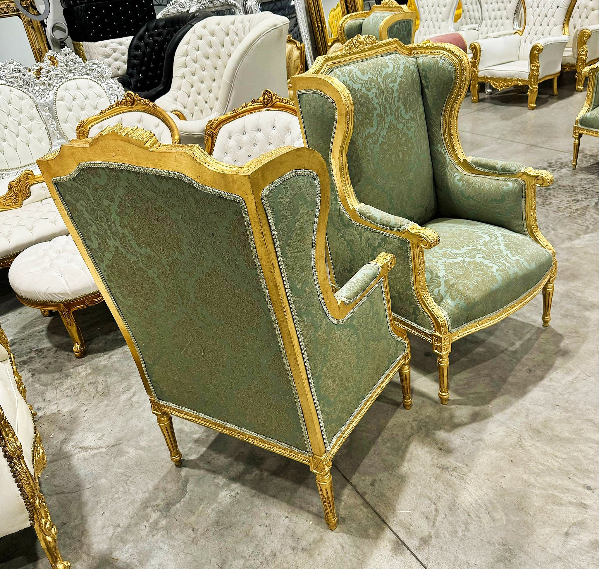 Green Bergere Wing Chair with Gold Details French Louis XV Style