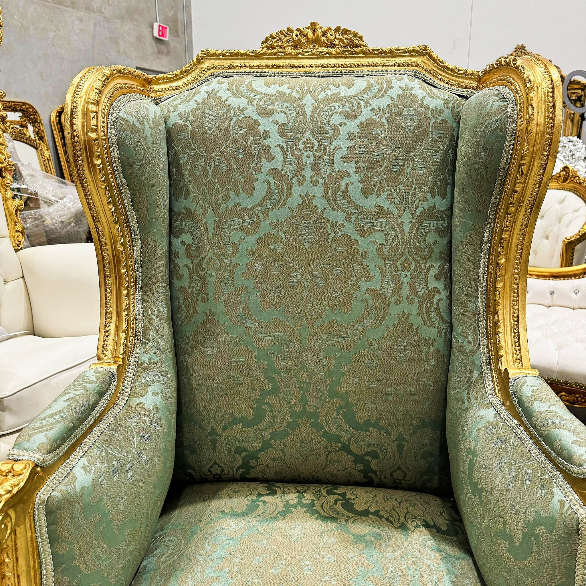 Green Bergere Wing Chair with Gold Details French Louis XV Style