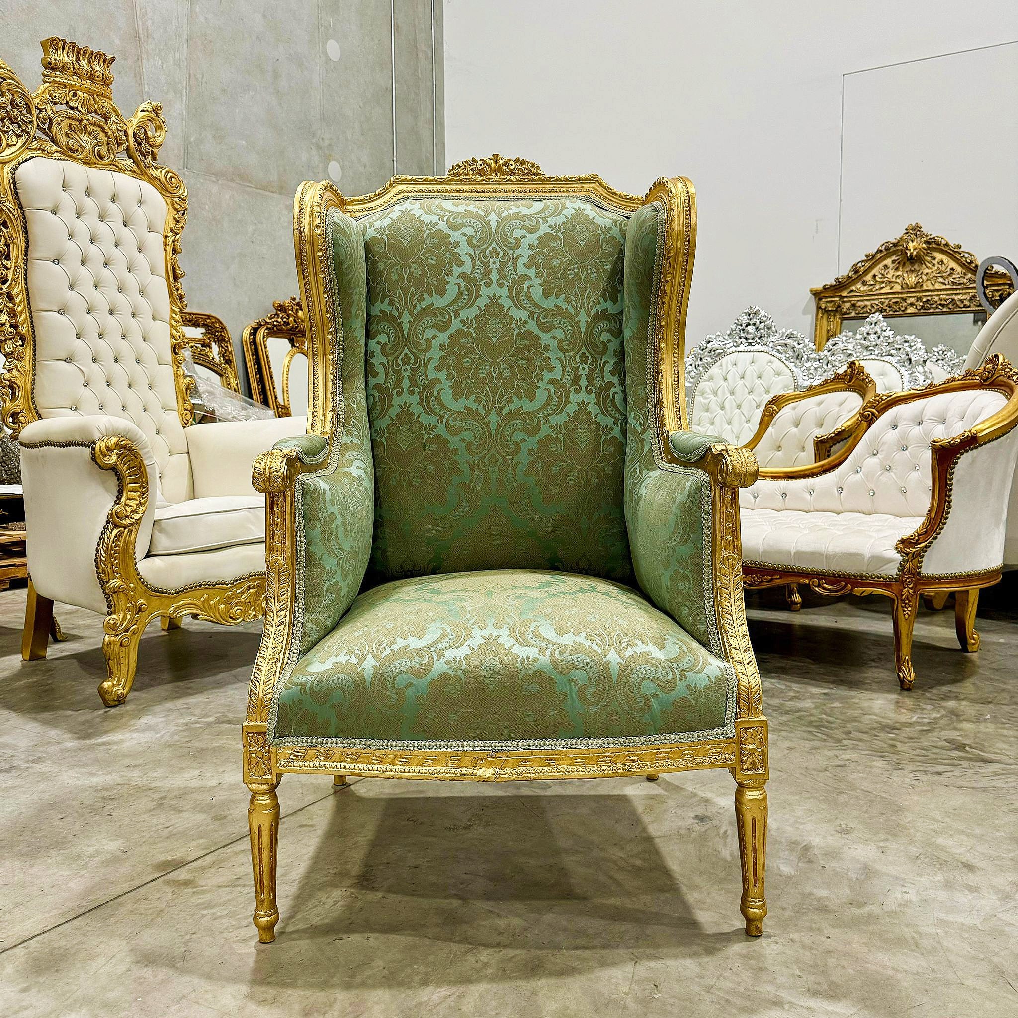 Green Bergere Wing Chair with Gold Details French Louis XV Style