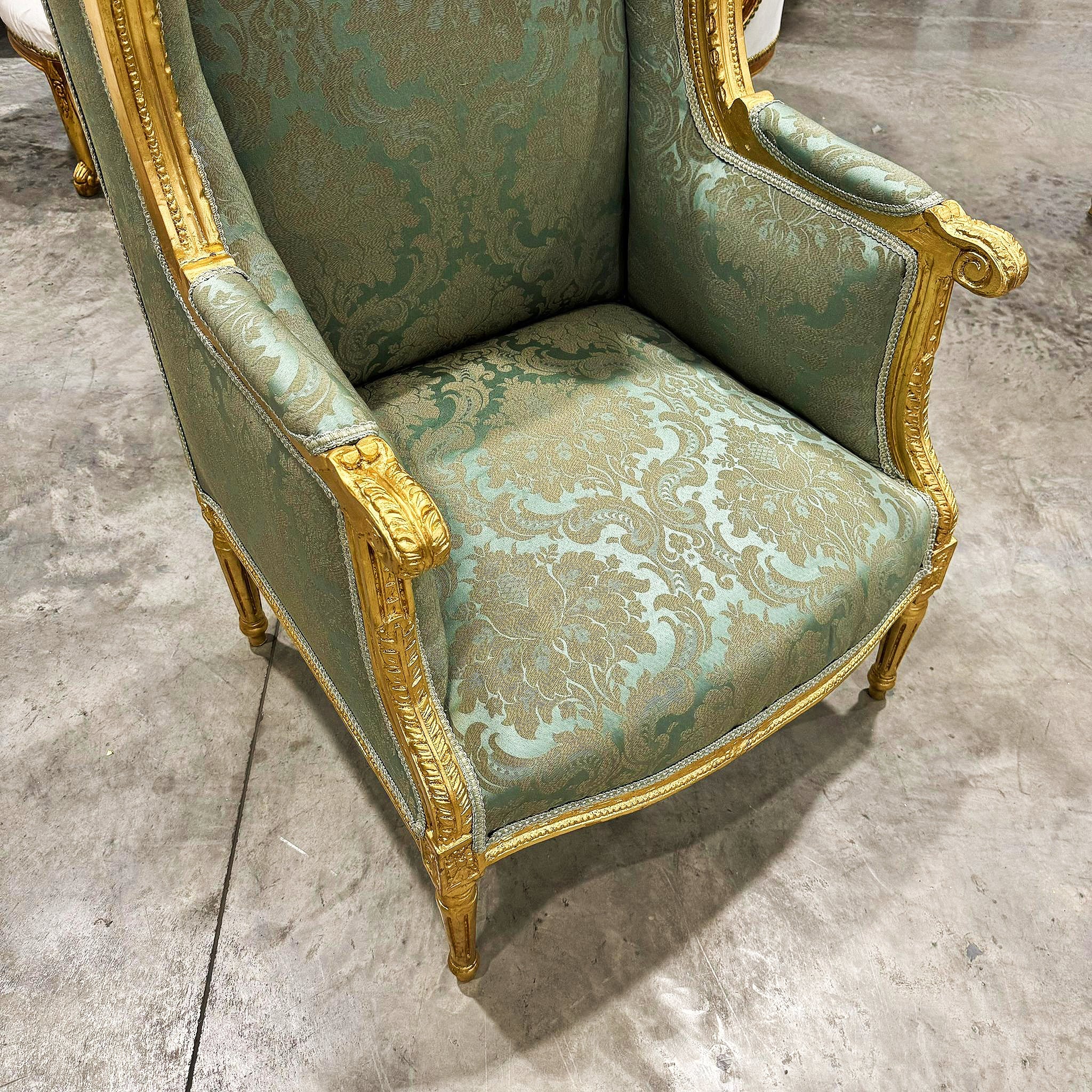 Green Bergere Wing Chair with Gold Details French Louis XV Style