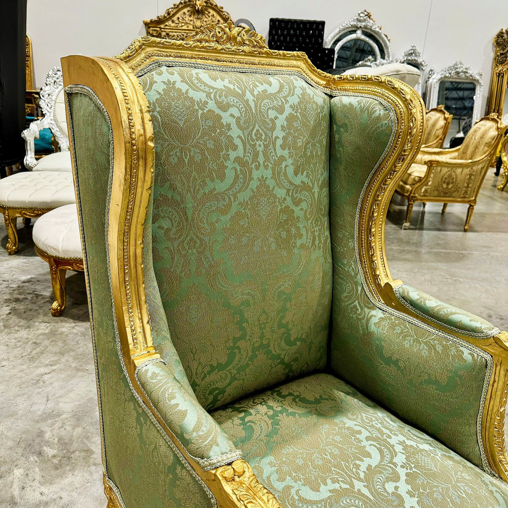Green Bergere Wing Chair with Gold Details French Louis XV Style