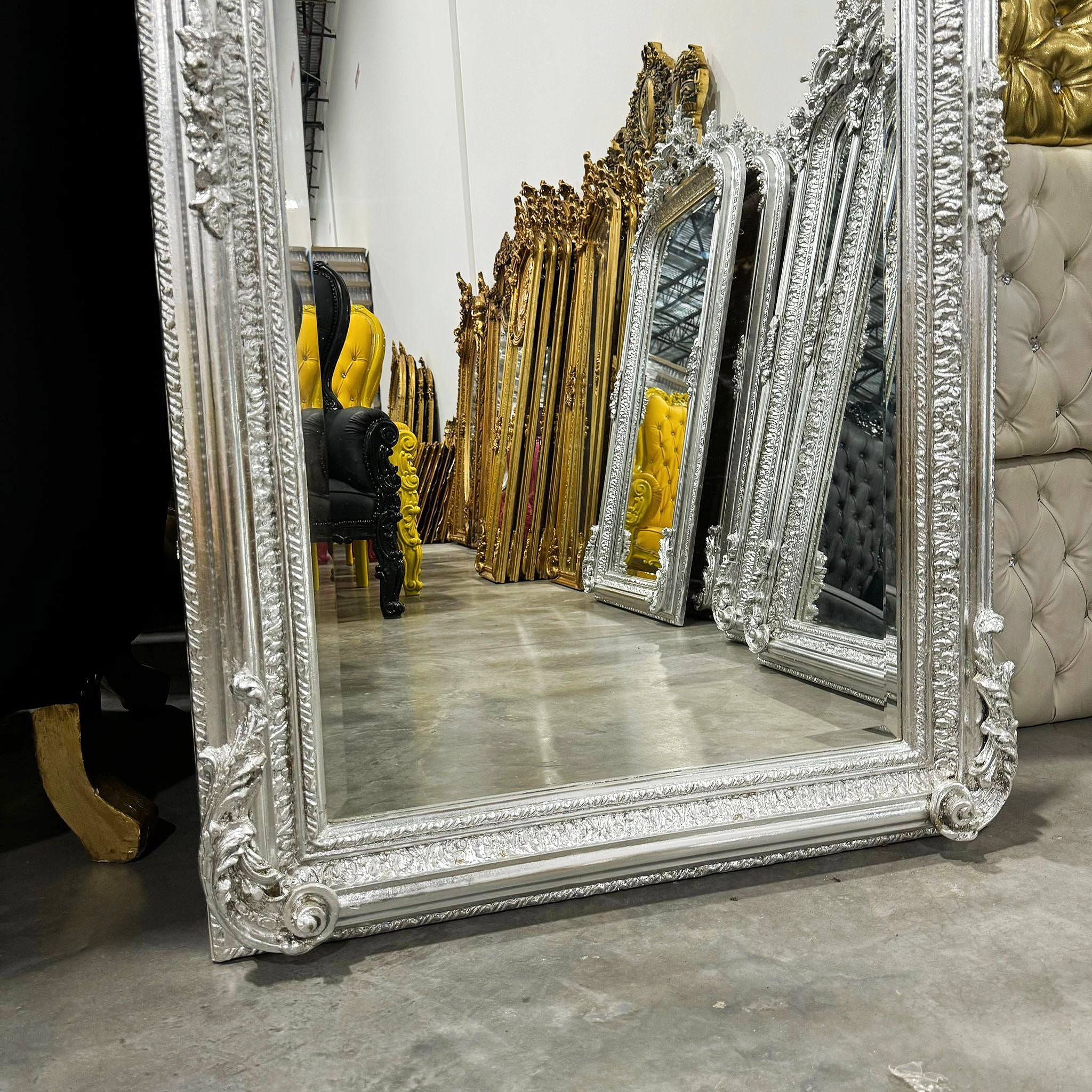 French Style Silver Birds Floor Mirror 5 Feet Tall Silver Leaf