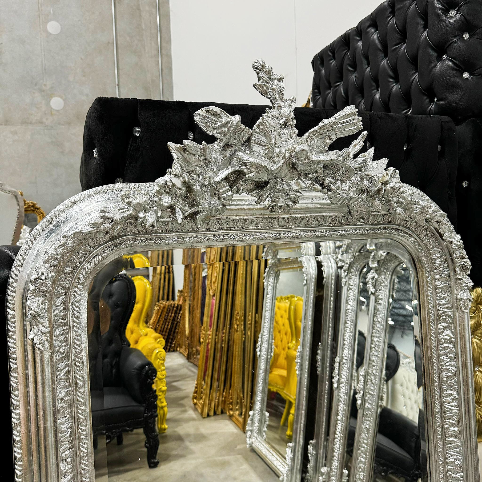 French Style Silver Birds Floor Mirror 5 Feet Tall Silver Leaf