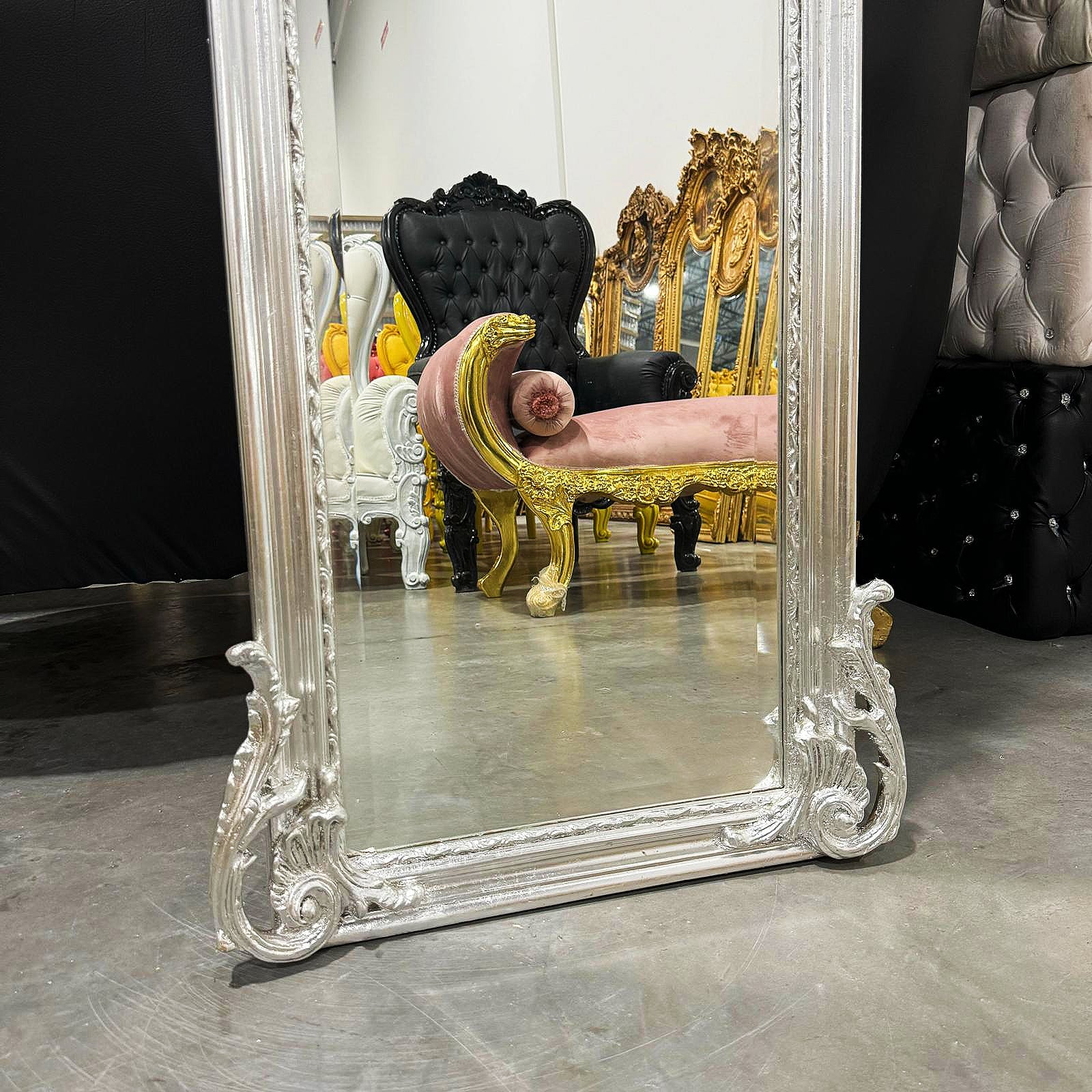 French Style Silver Floor Mirror Refinished in Silver Leaf
