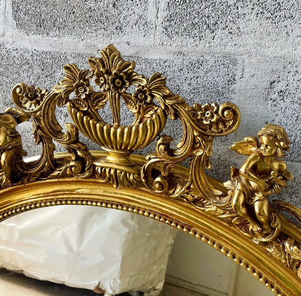 French-Italian Style Golden Oval Mirror Gold Leaf Details