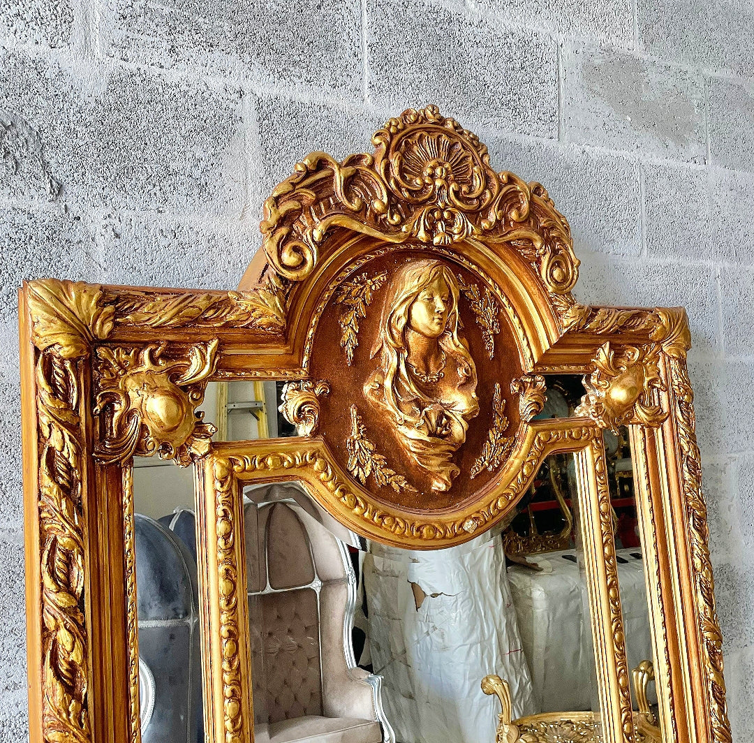 French Woman Face Mirror Baroque Style Rococo Floor Gold Leaf 7.2 Feet Tall