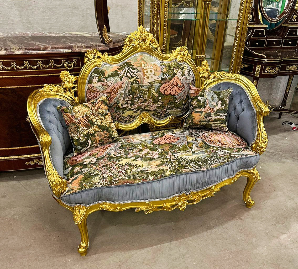 French Style Sofa Tufted Settee Bench with Blue Velvet & Patterned Fabric