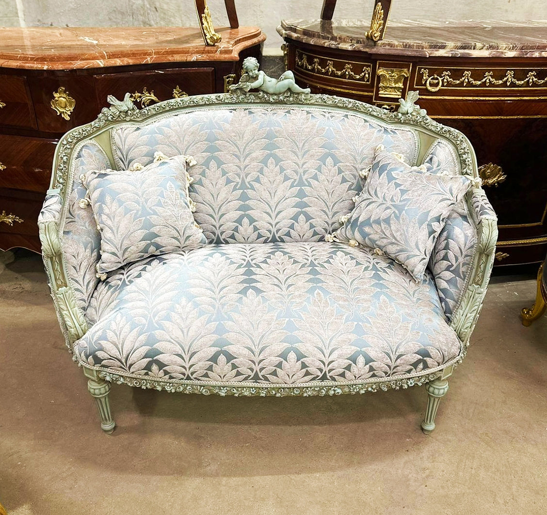 French Rococo Style Sky Blue Sofa With 2 Pillows