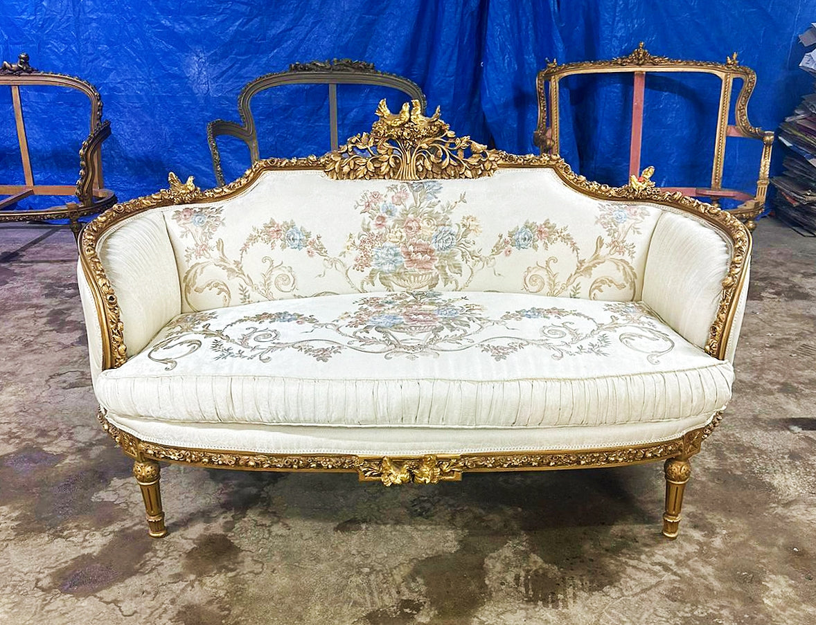 Baroque Style Antique White Sofa With Pillows and Gold Leaf Details