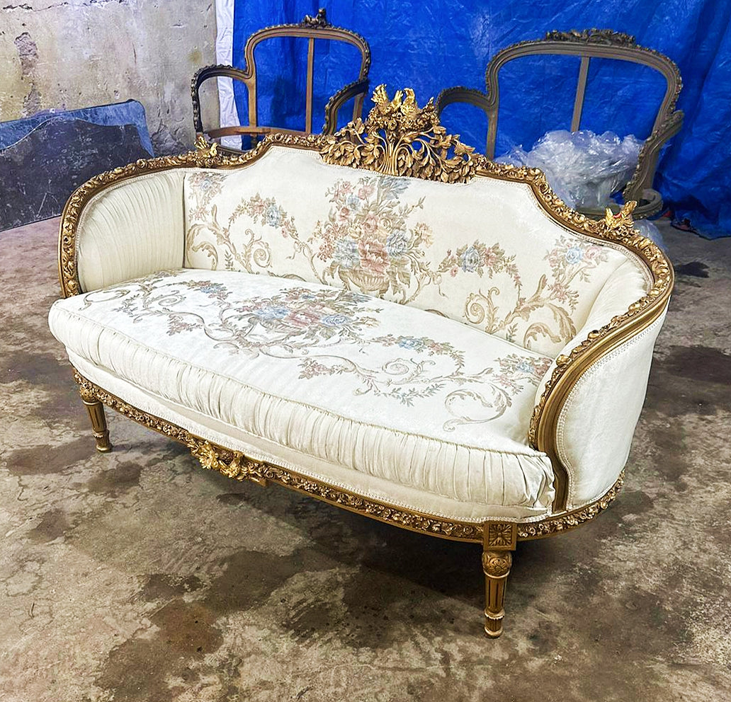 Baroque Style Antique White Sofa With Pillows and Gold Leaf Details