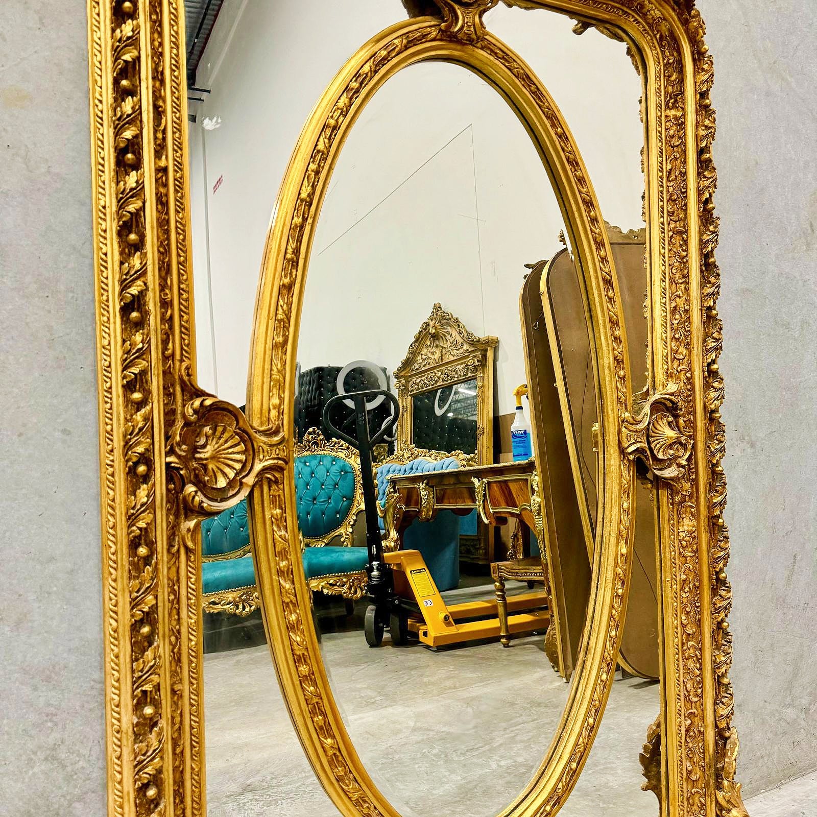 Antique-Style Rococo Floor Mirror – Gold Leaf Finish, Angel Accents