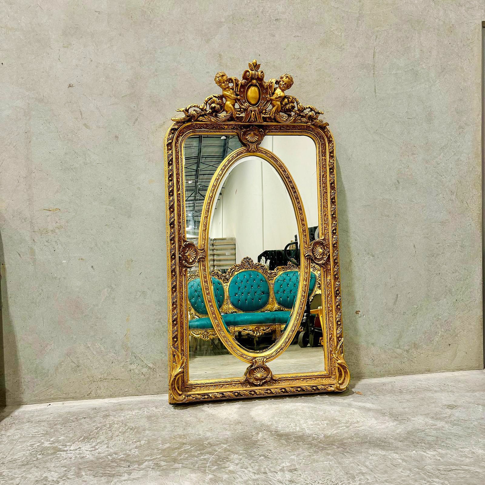 Antique-Style Rococo Floor Mirror – Gold Leaf Finish, Angel Accents
