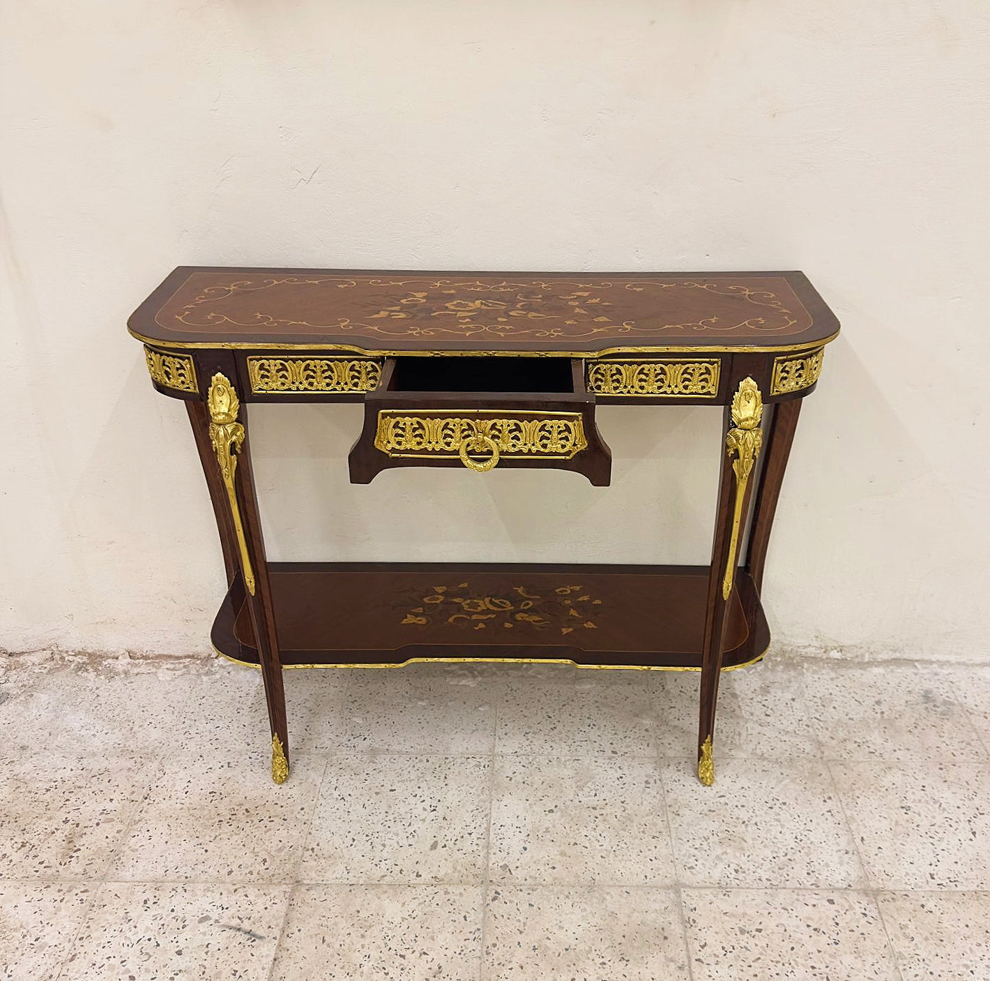 French Style Brown Wood Console Table Desk With Gold Details