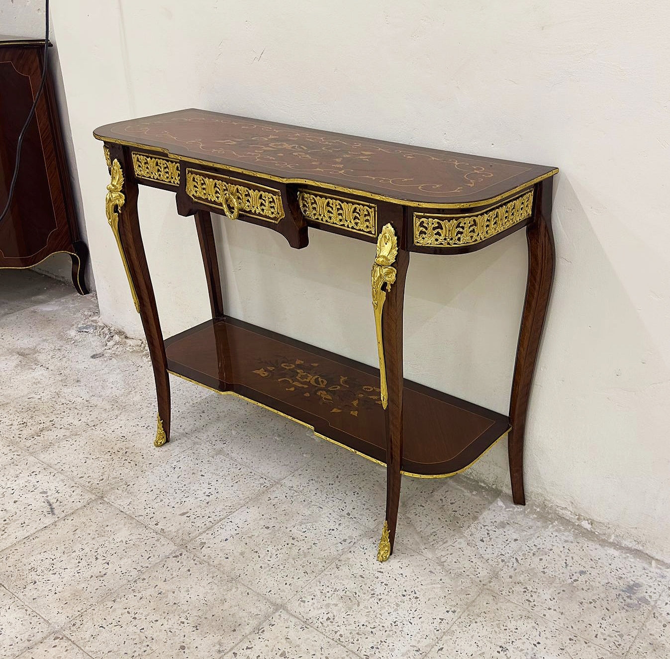 French Style Brown Wood Console Table Desk With Gold Details