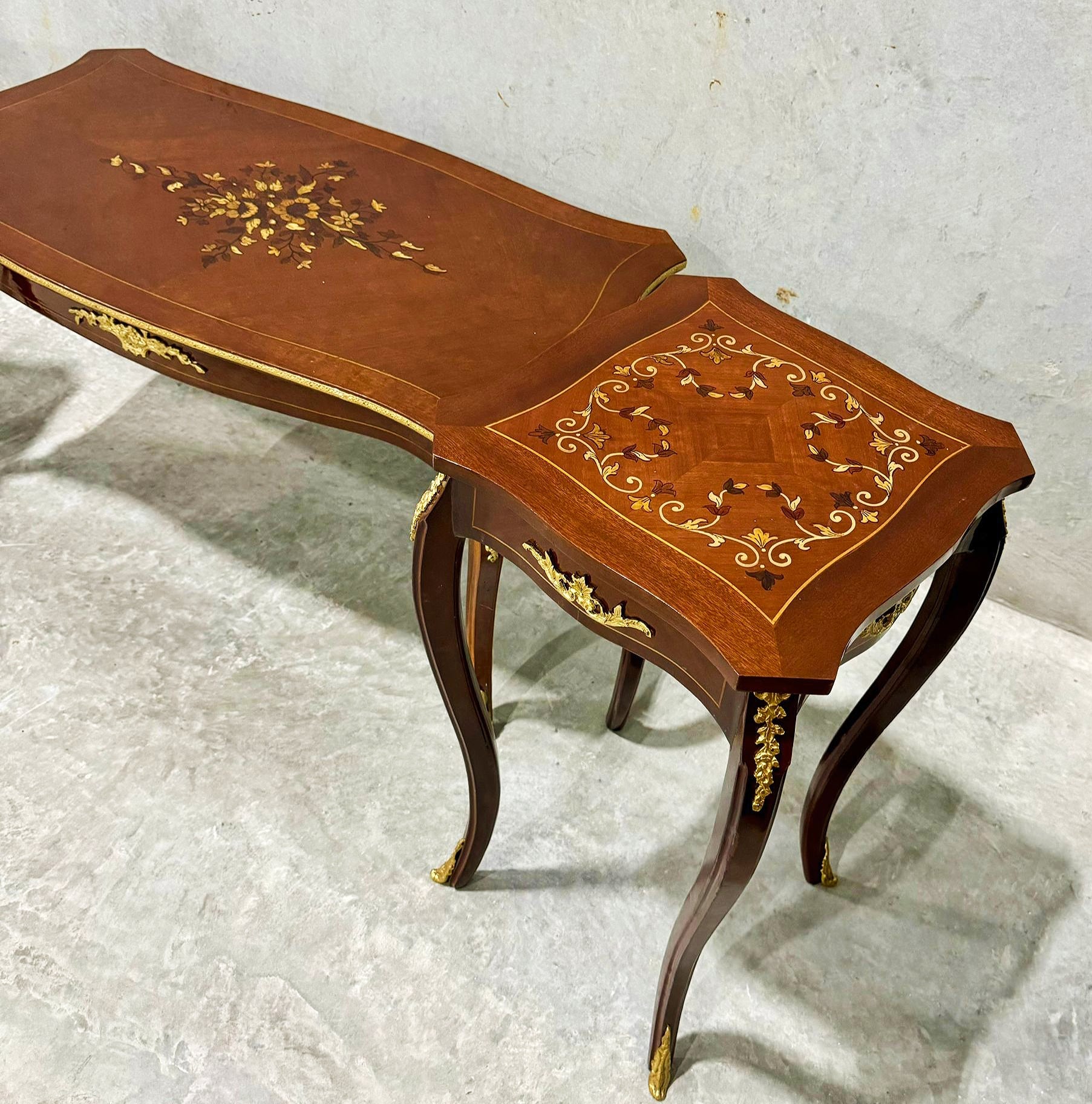French Style Wooden Table Set (2 Side Tables and 1 Coffee Table) Gold Details