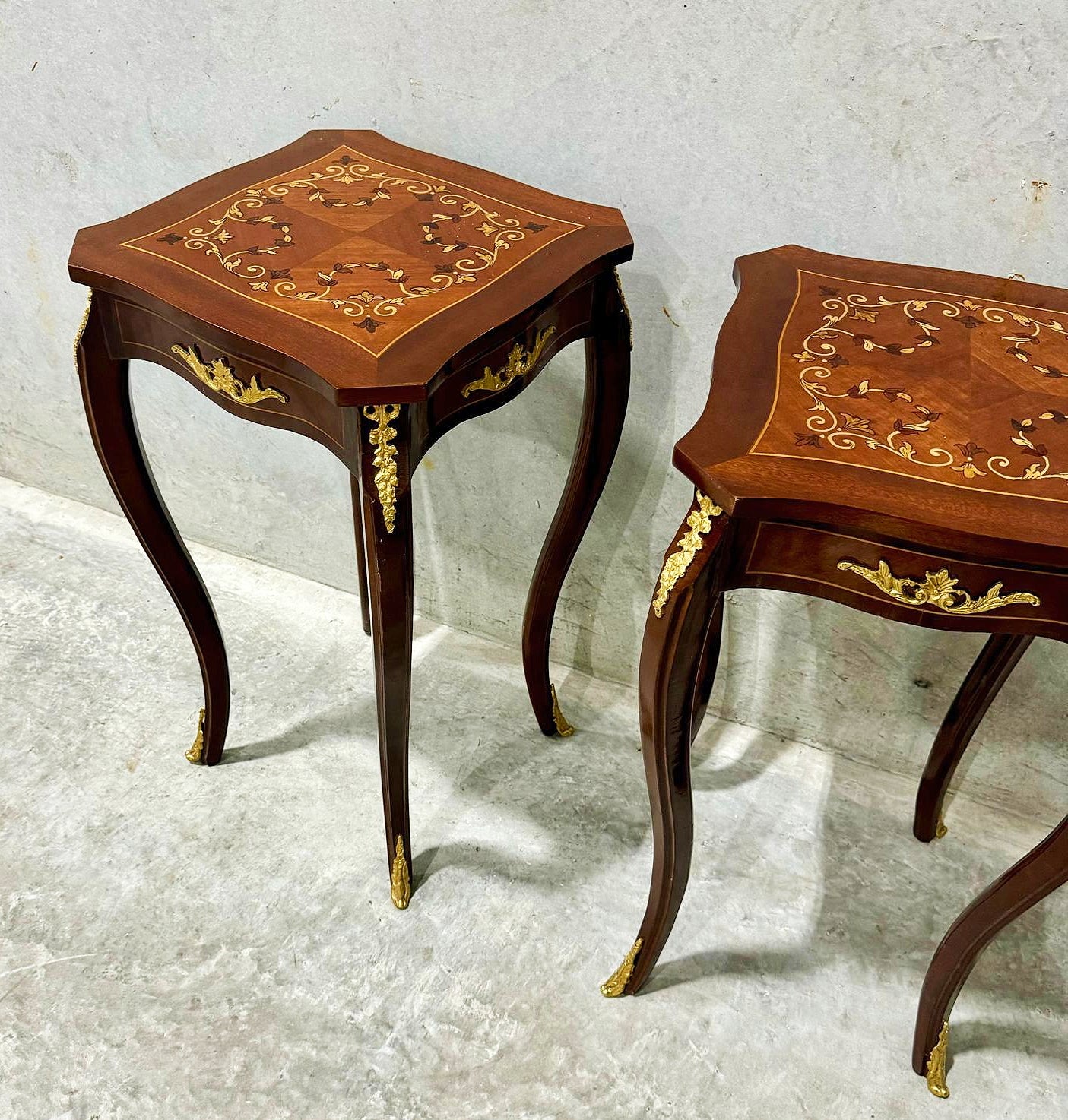 French Style Walnut Wood Louis XVI Small Side Table Gold Details