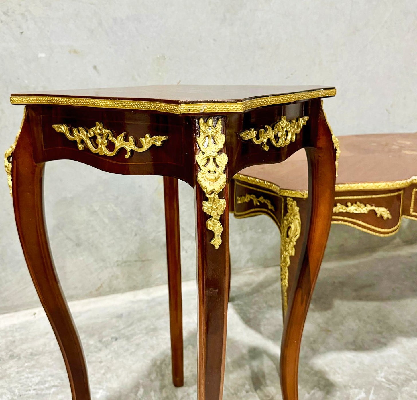 French Style Wooden Table Set (2 Side Tables and 1 Coffee Table) Bronze Details