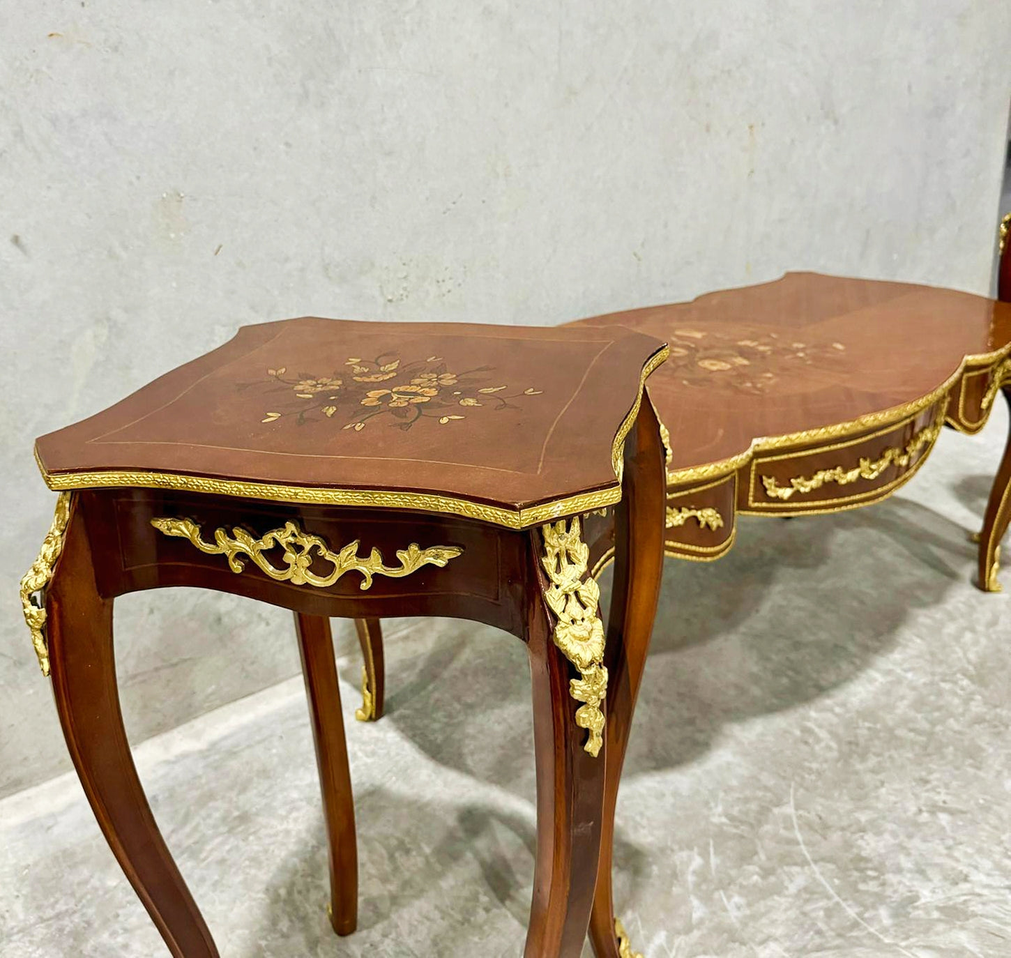 French Style Wooden Table Set (2 Side Tables and 1 Coffee Table) Bronze Details