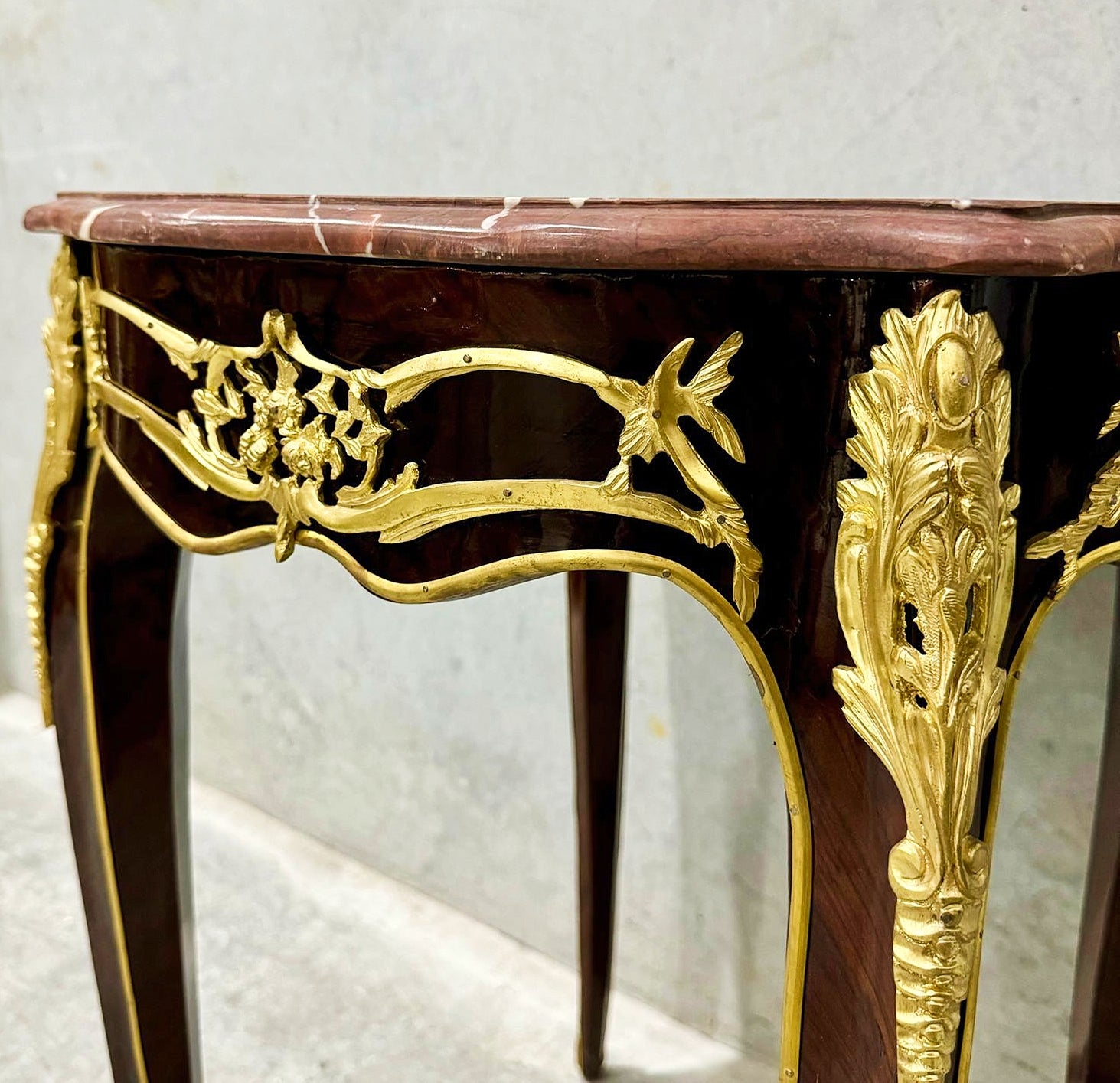 French Style Walnut Wood Louis XVI Small Side Table Marble Topped