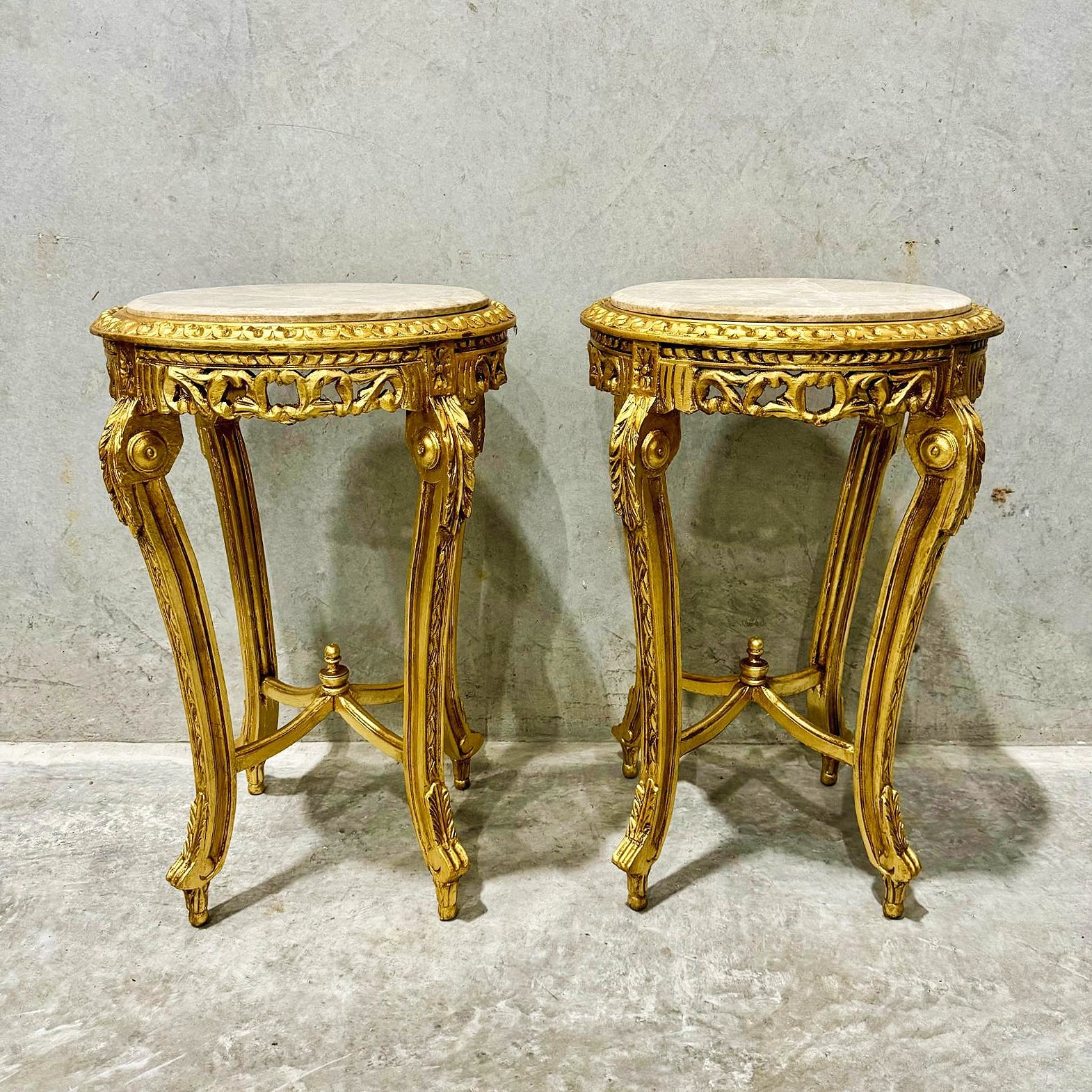 French Style Side Table Beige Marble Topped Gold Leaf Details Furniture Table