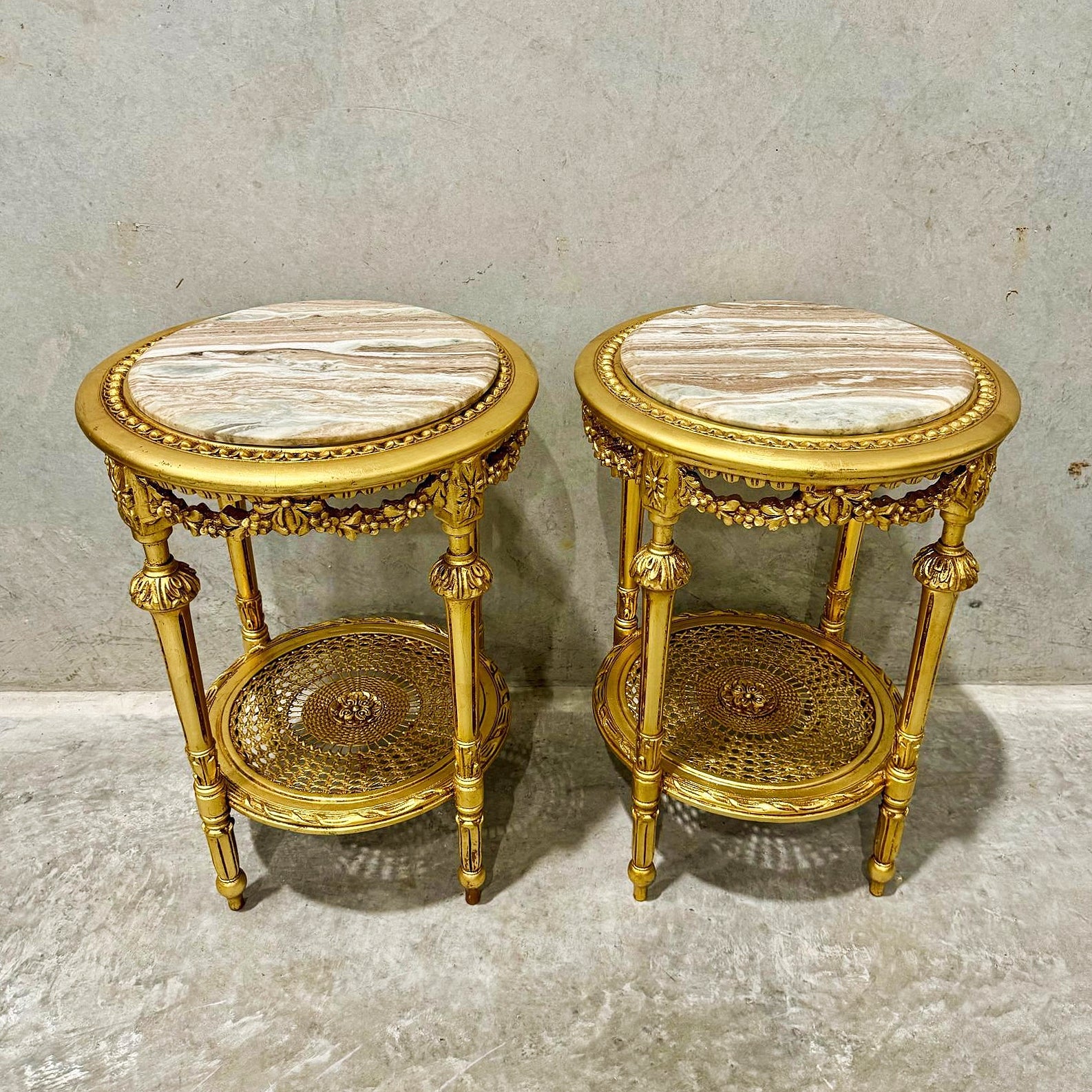 Side Table Beige Marble Topped French Style Gold Leaf Details