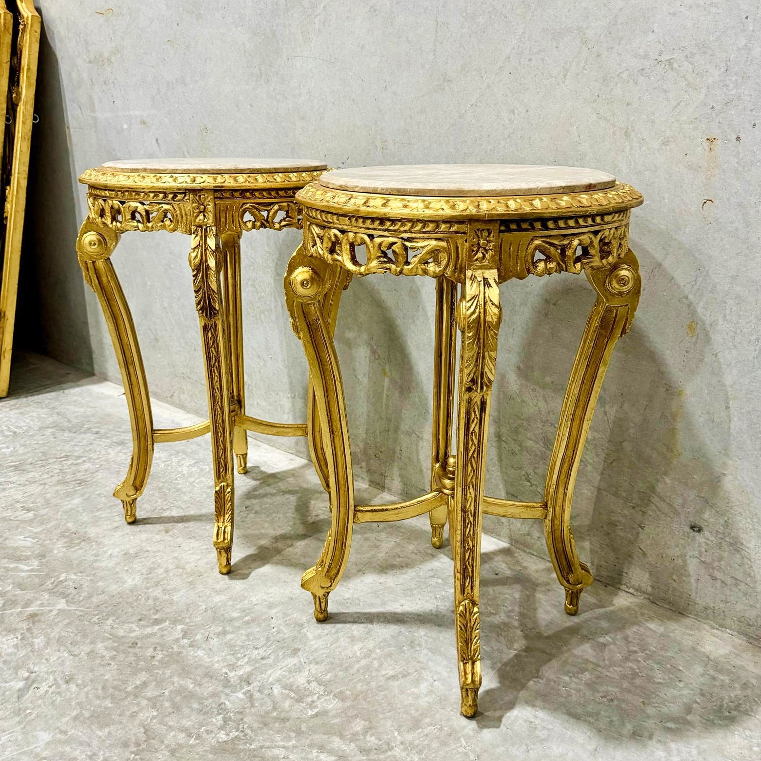 Side Table Beige Marble Topped French Style Gold Leaf Details