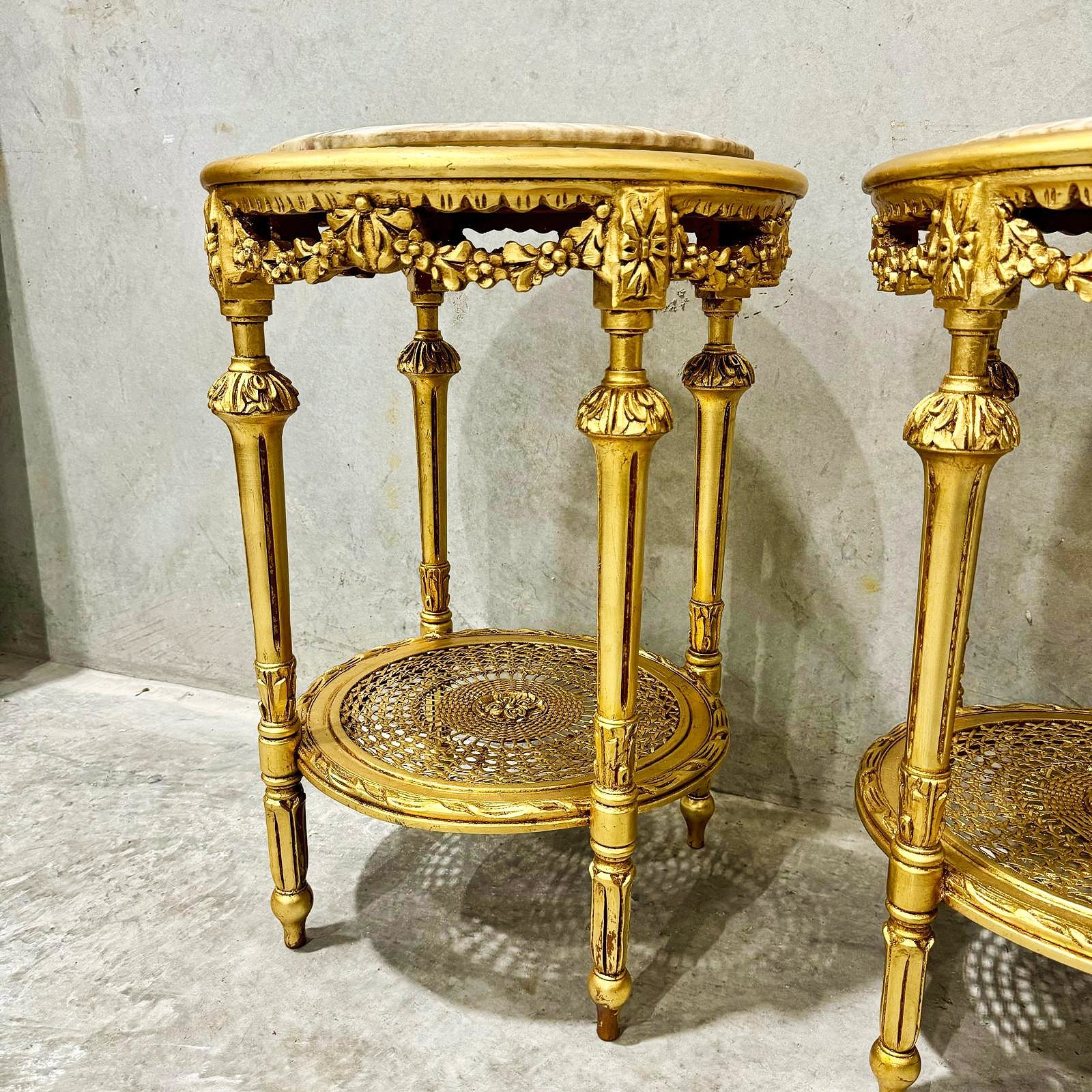 Side Table Beige Marble Topped French Style Gold Leaf Details