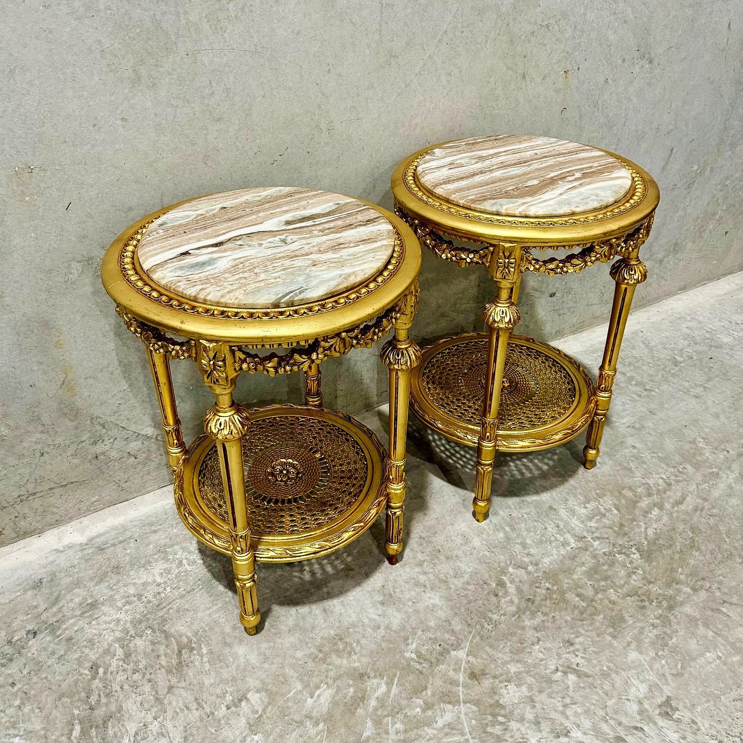 Side Table Beige Marble Topped French Style Gold Leaf Details