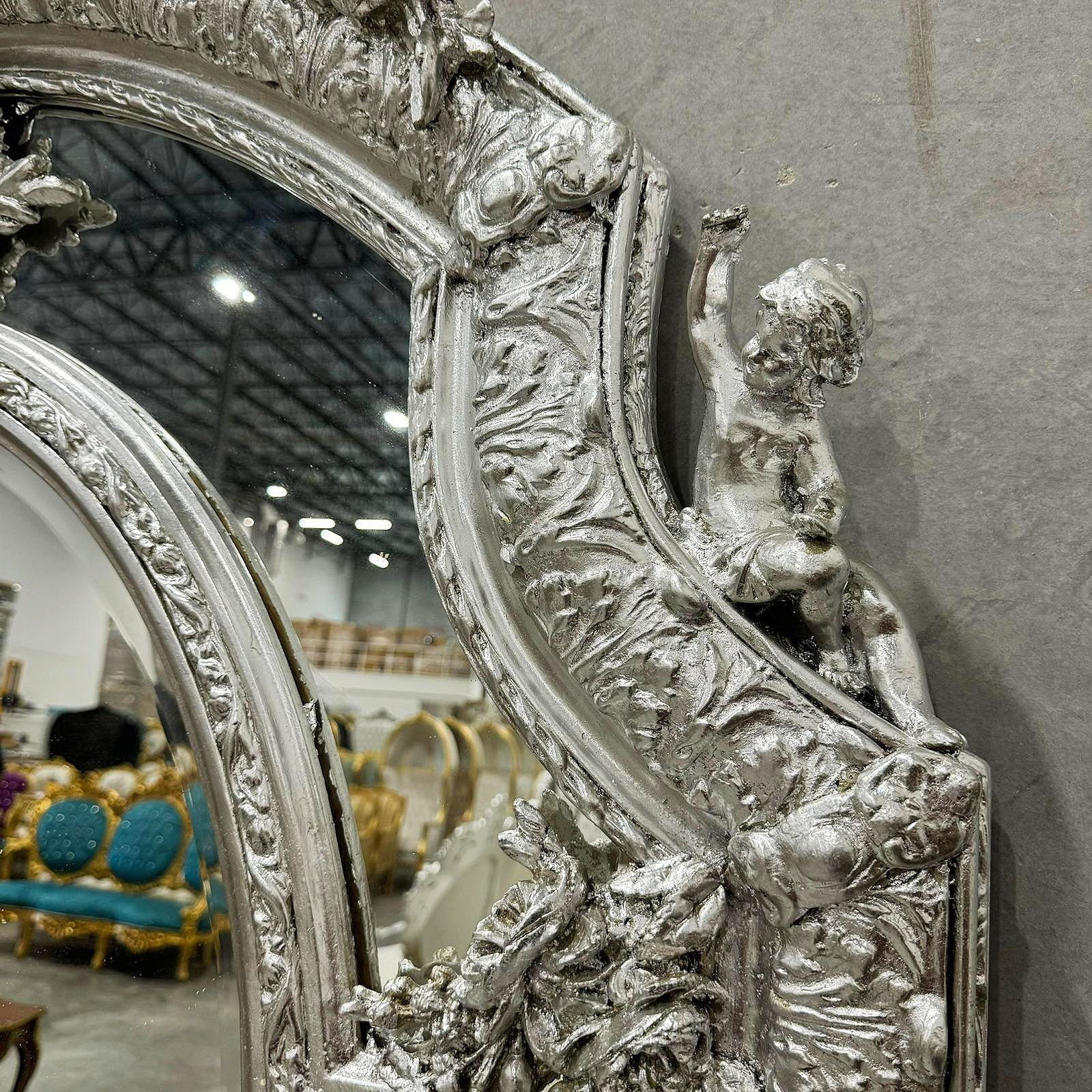 Baroque Rococo Floor Mirror – Silver Leaf Finish, Angels Carved on Both Sides