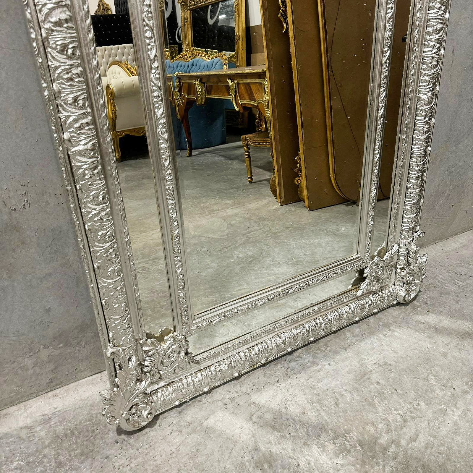 Baroque Rococo Floor Mirror – Silver Leaf Finish, Angels Carved on Both Sides
