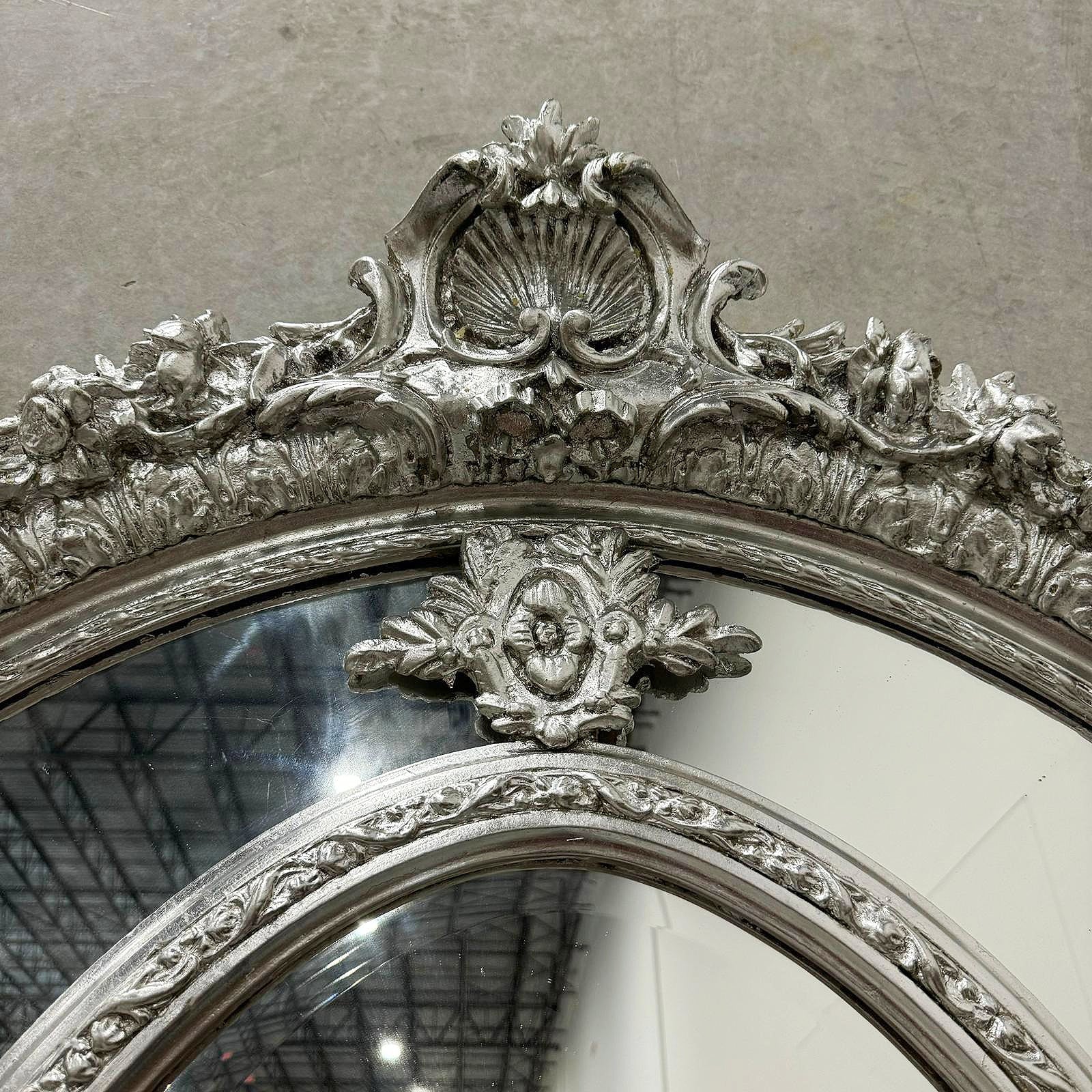 Baroque Rococo Floor Mirror – Silver Leaf Finish, Angels Carved on Both Sides